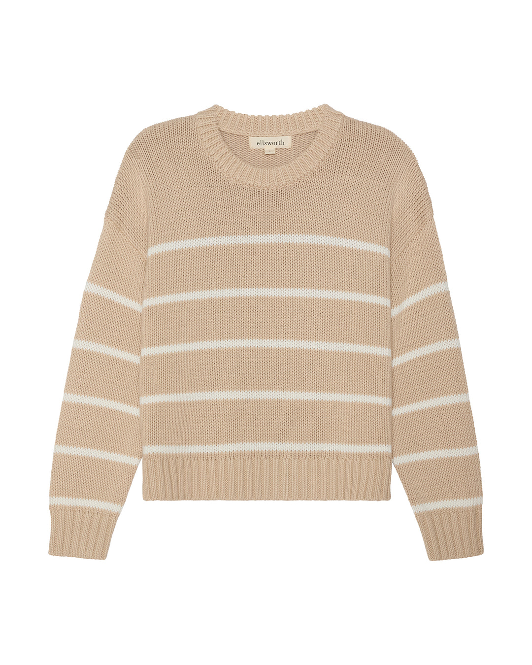 A beige crewneck knit women's sweater with horizontal ivory off-white stripes, shown flat against a plain white background. Elena Crew Sweater in Oatmeal/ Ivory by Ellsworth + Ivey.