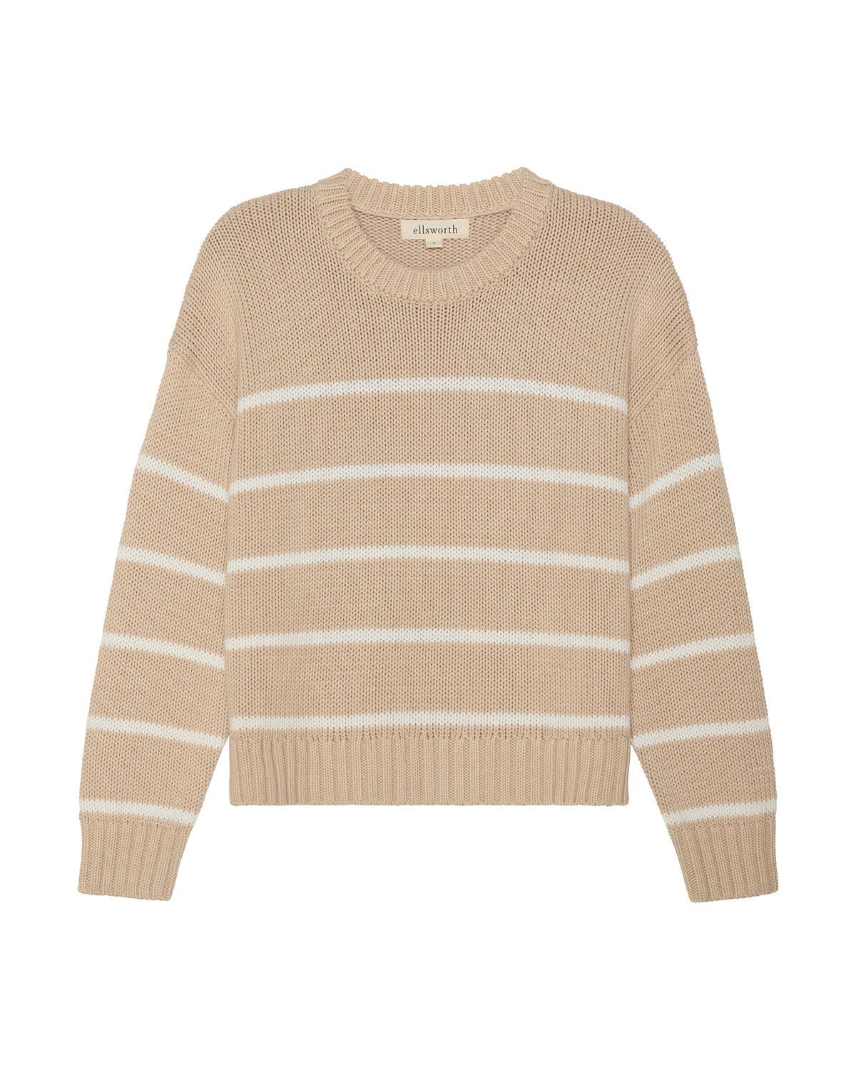 A beige crewneck knit women's sweater with horizontal ivory off-white stripes, shown flat against a plain white background. Elena Crew Sweater in Oatmeal/ Ivory by Ellsworth + Ivey.