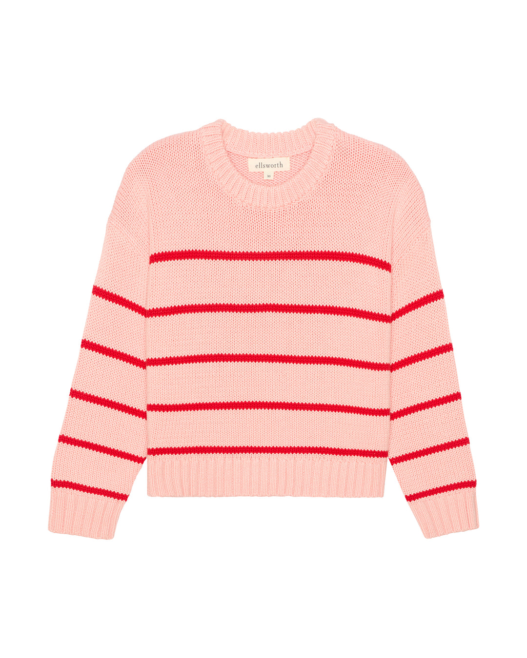 A light pink knit sweater with horizontal red stripes across the chest and sleeves, displayed flat against a solid white background. Elena Crew Sweater in Pink/Red by Ellsworth + Ivey.