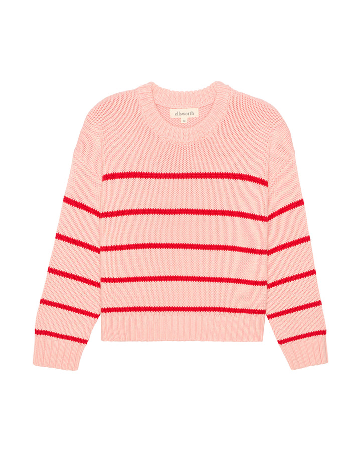 A light pink knit sweater with horizontal red stripes across the chest and sleeves, displayed flat against a solid white background. Elena Crew Sweater in Pink/Red by Ellsworth + Ivey.