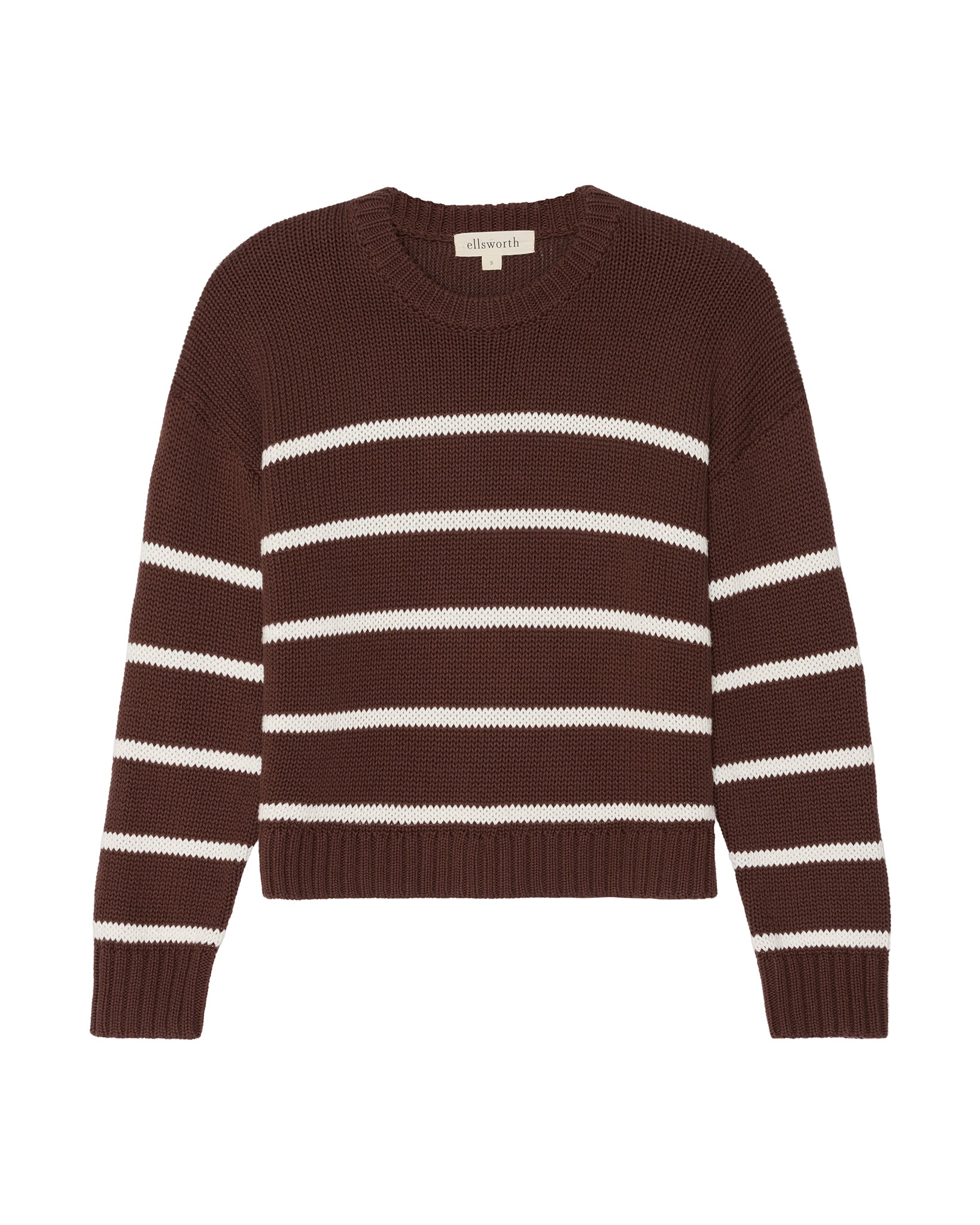 A dark brown knit crewneck women's sweater with horizontal white stripes, featuring a crew neck and ribbed cuffs and hem, shown against a plain white background. Elena Crew Sweater in Warm Brown / Ivory by Ellsworth + Ivey. 