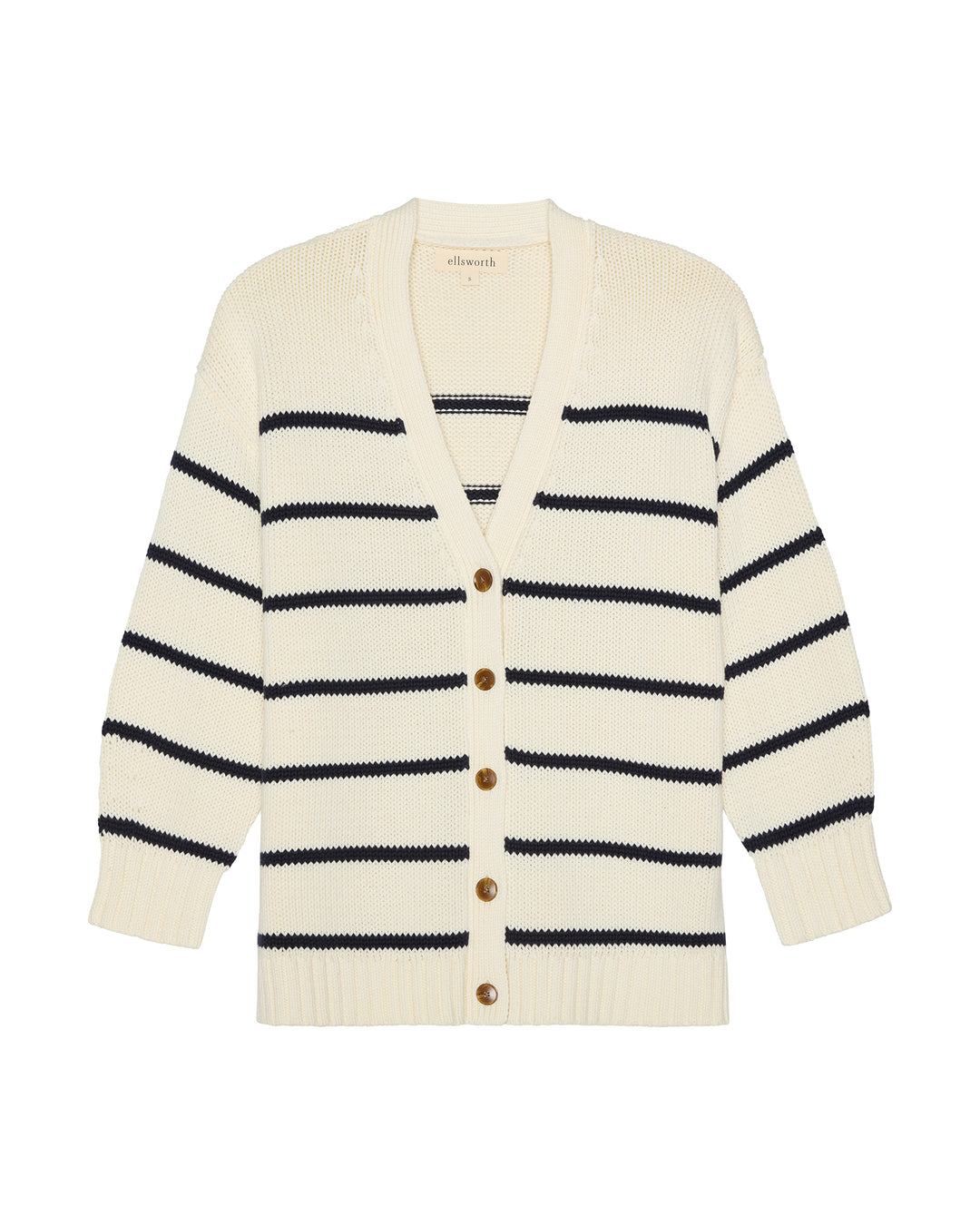 An off-white ivory knit v-neck cardigan women's sweater with horizontal navy blue stripes and brown buttons, shown flat against a white background. Elizabeth Knit Cardigan in Ivory by Ellsworth + Ivey.
