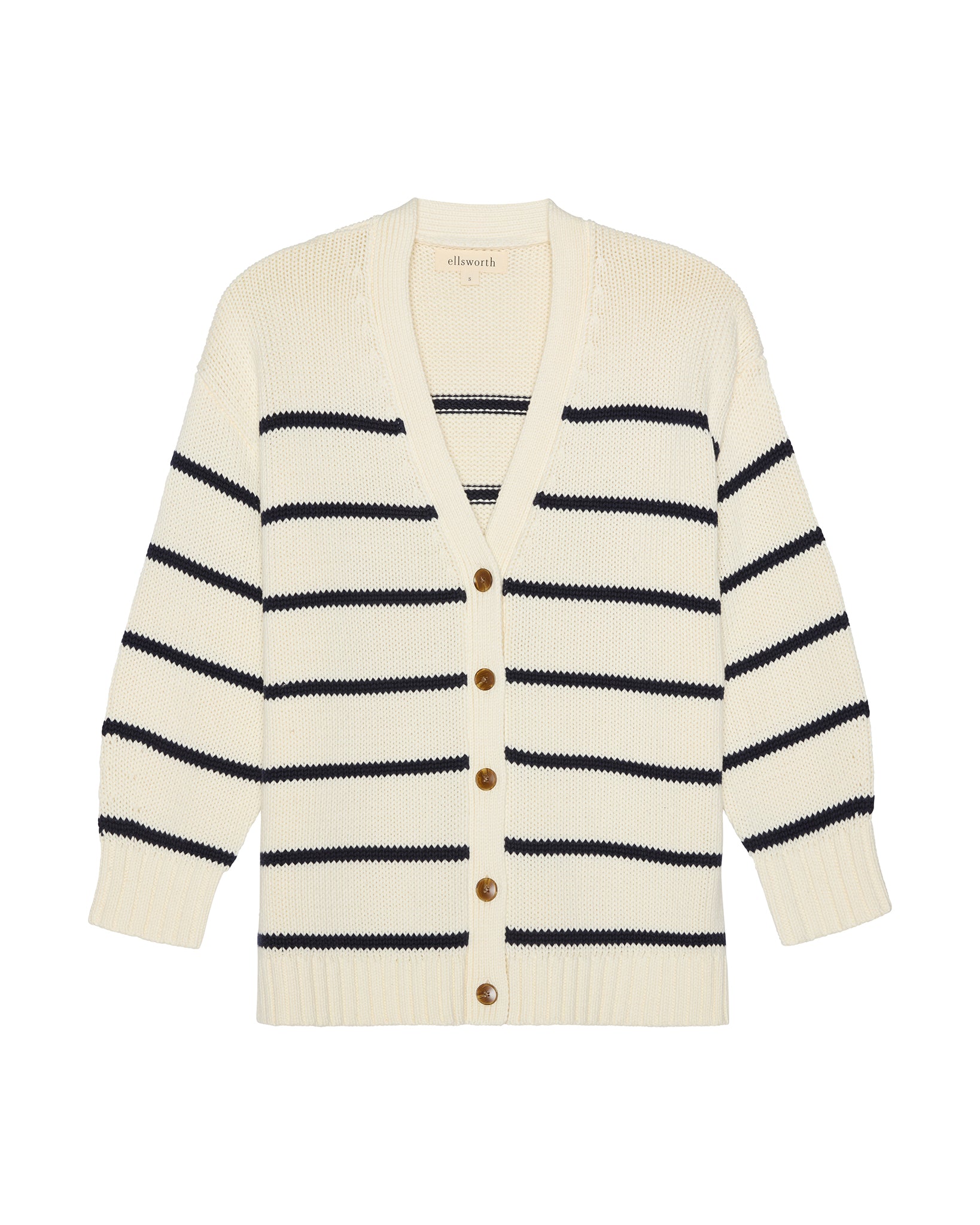 An off-white ivory knit v-neck cardigan women's sweater with horizontal navy blue stripes and brown buttons, shown flat against a white background. Elizabeth Knit Cardigan in Ivory by Ellsworth + Ivey.