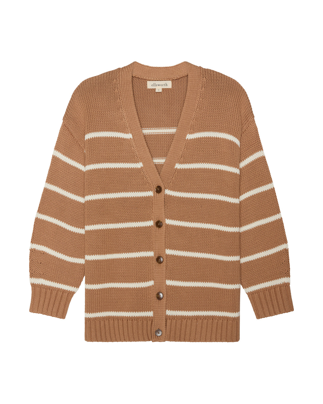 A tan knit v-neck women's cardigan sweater with horizontal cream stripes and a button-up front, displayed flat against a solid white background. Elizabeth Knit Cardigan in Mocha by Ellsworth + Ivey.