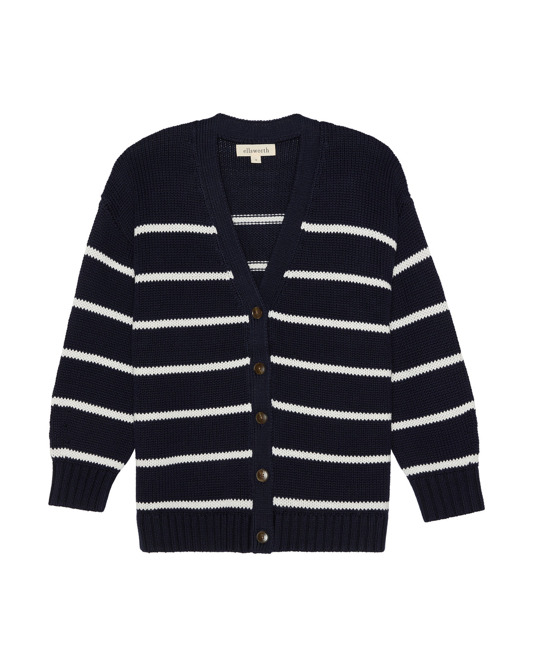 A navy blue and white horizontally striped v-neck women's cardigan sweater with brown buttons, displayed flat against a plain white background. Elizabeth Knit Cardigan in Navy by Ellsworth + Ivey.