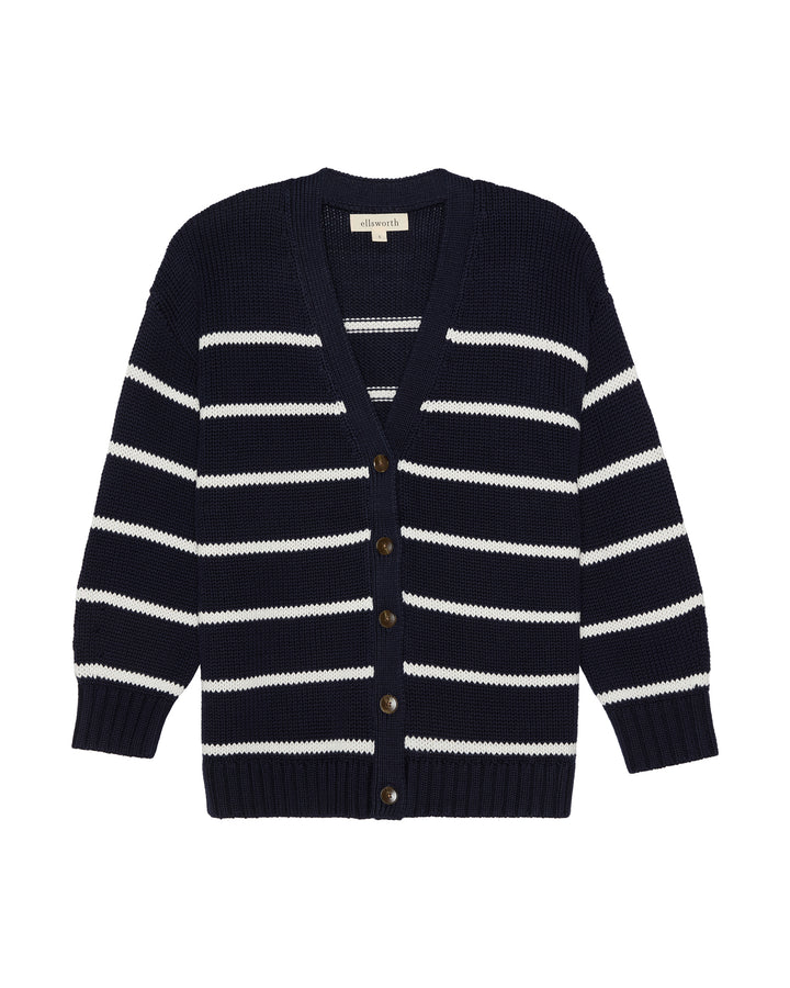 A navy blue and white horizontally striped v-neck women&
