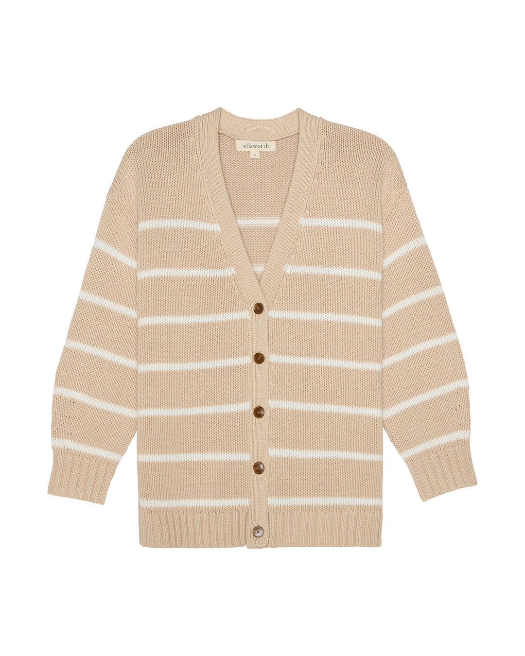 A beige knit v-neck cardigan women's sweater with horizontal white stripes and a button-up front, displayed on a clean white background. Elizabeth Knit Cardigan in Oatmeal by Ellsworth + Ivey.