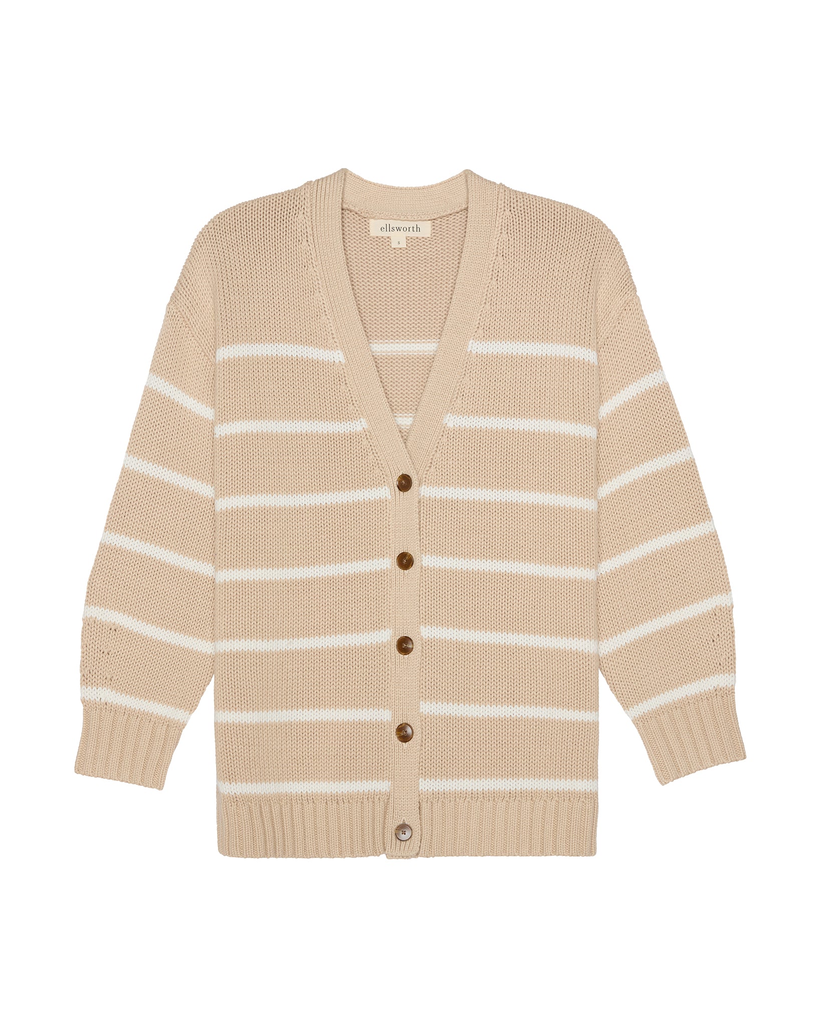A beige knit v-neck cardigan women's sweater with horizontal white stripes and a button-up front, displayed on a clean white background. Elizabeth Knit Cardigan in Oatmeal by Ellsworth + Ivey.