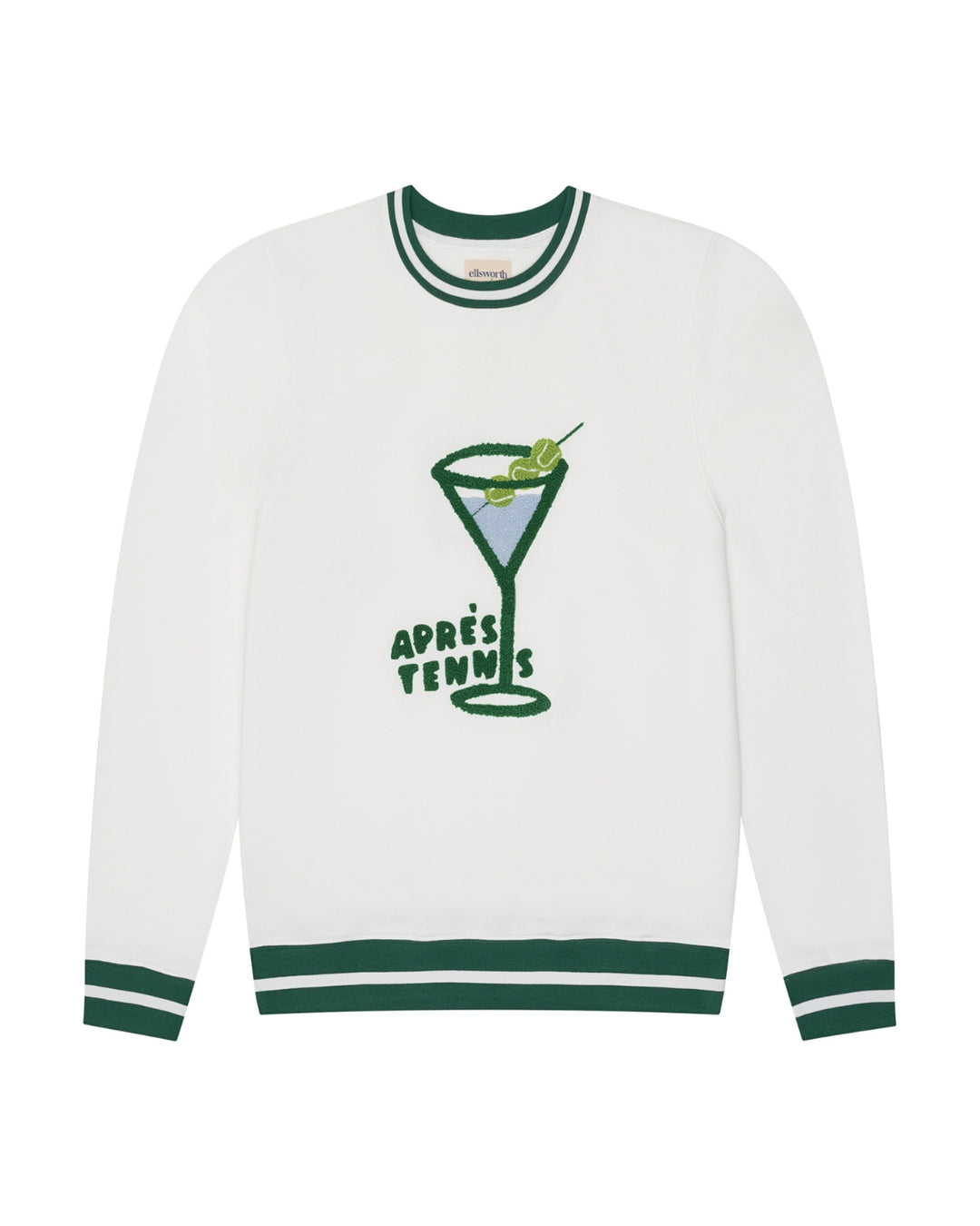White long-sleeve crewneck sweatshirt with dark green ribbed collar, cuffs, and hem, featuring a green martini glass graphic with the text 'APRÈS TENNIS' on the front. Elle Apres Tennis Sweatshirt by Ellsworth + Ivey.