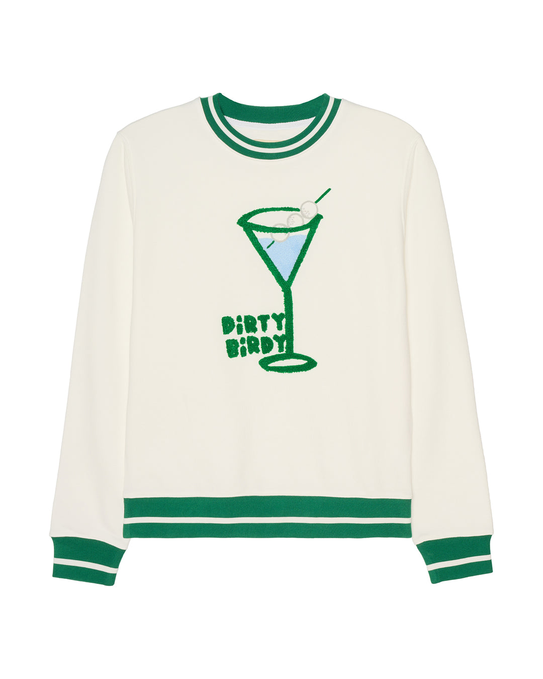 An ivory off-white long-sleeve women's crewneck golf sweatshirt with green ribbed trim at the collar, cuffs, and hem, featuring a green graphic of a martini glass with the text 'DIRTY BIRDY' on the front. Elle Sweatshirt - Dirty Birdy by Ellsworth + Ivey.