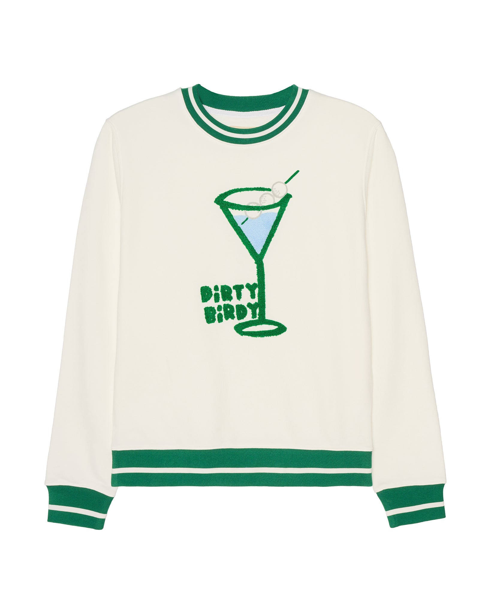 An ivory off-white long-sleeve women's crewneck golf sweatshirt with green ribbed trim at the collar, cuffs, and hem, featuring a green graphic of a martini glass with the text 'DIRTY BIRDY' on the front. Elle Sweatshirt - Dirty Birdy by Ellsworth + Ivey.