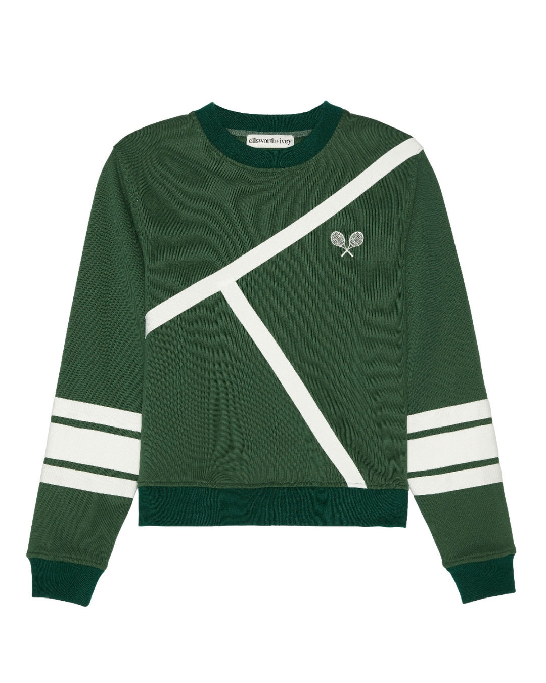 A dark green ribbed knit women's crewneck sweatshirt with diagonal white stripes and double white stripes on the sleeves, featuring a small tennis racket logo on the left chest. Elle Sweatshirt - Tennis Lines by Ellsworth + Ivey.