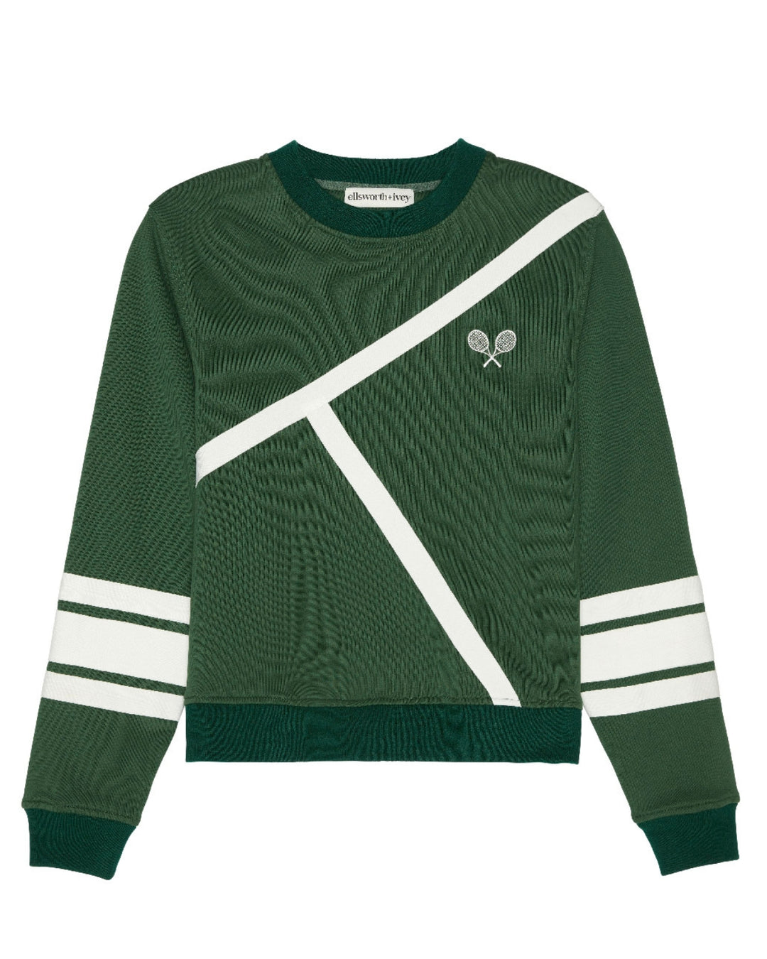 A dark green ribbed knit women's crewneck sweatshirt with diagonal white stripes and double white stripes on the sleeves, featuring a small tennis racket logo on the left chest. Elle Sweatshirt - Tennis Lines by Ellsworth + Ivey.