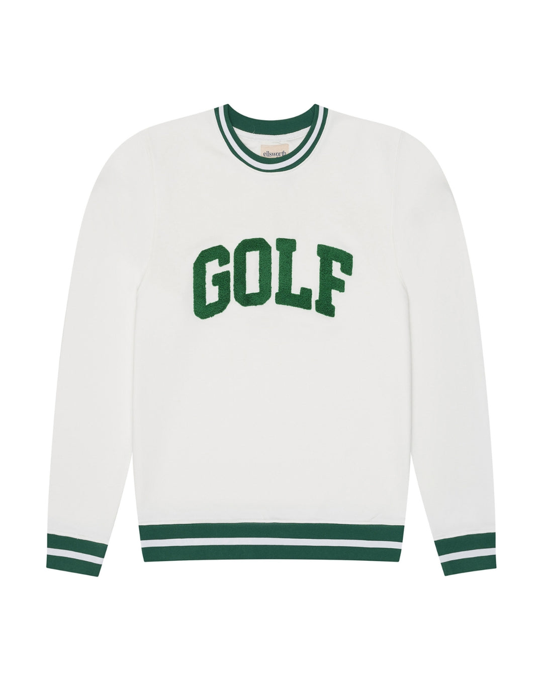 A white long-sleeve crewneck women's sweatshirt with green ribbed trim on the collar, cuffs, and hem, featuring the word 'GOLF' printed in green arched block letters across the chest. Elle Sweatshirt - Collegiate Golf by Ellsworth + Ivey.