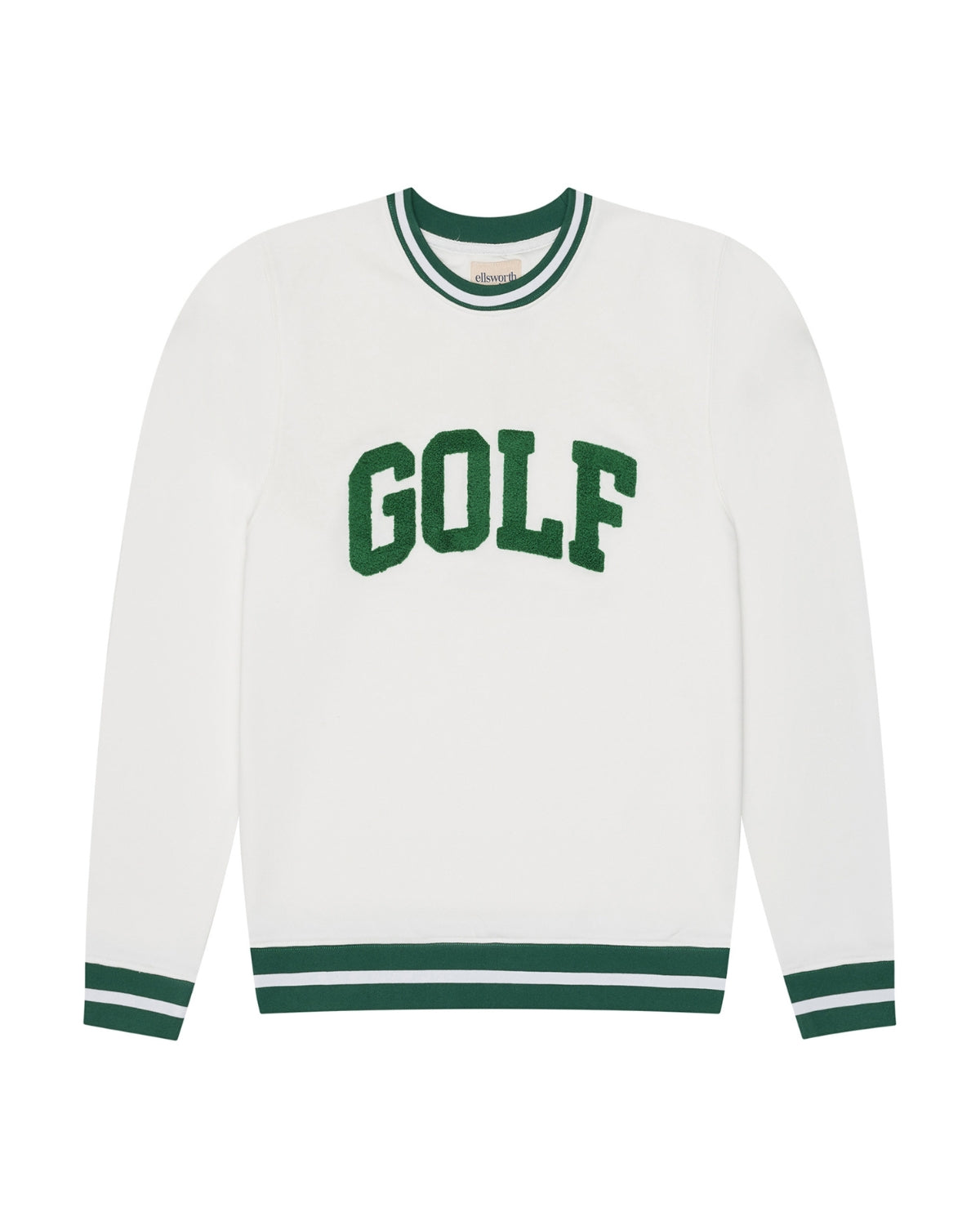 A white long-sleeve crewneck women's sweatshirt with green ribbed trim on the collar, cuffs, and hem, featuring the word 'GOLF' printed in green arched block letters across the chest. Elle Sweatshirt - Collegiate Golf by Ellsworth + Ivey.