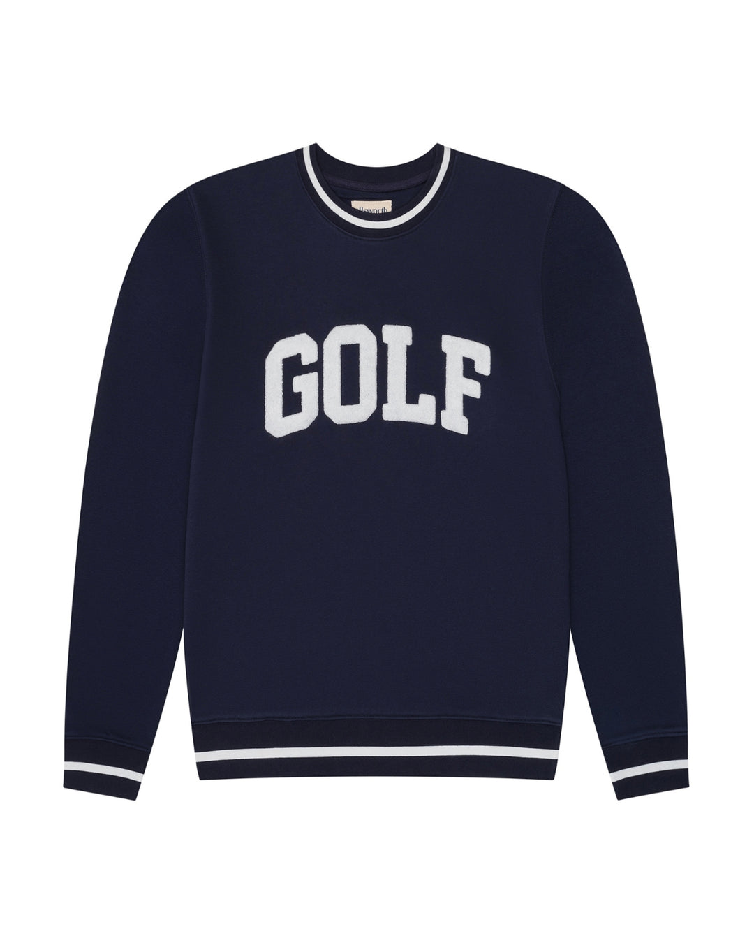 A navy blue long-sleeve crewneck women's sweatshirt with white ribbed trim on the collar, cuffs, and hem, featuring the word 'GOLF'  in white arched block letters across the chest. Elle Sweatshirt - Collegiate Golf by Ellsworth + Ivey.