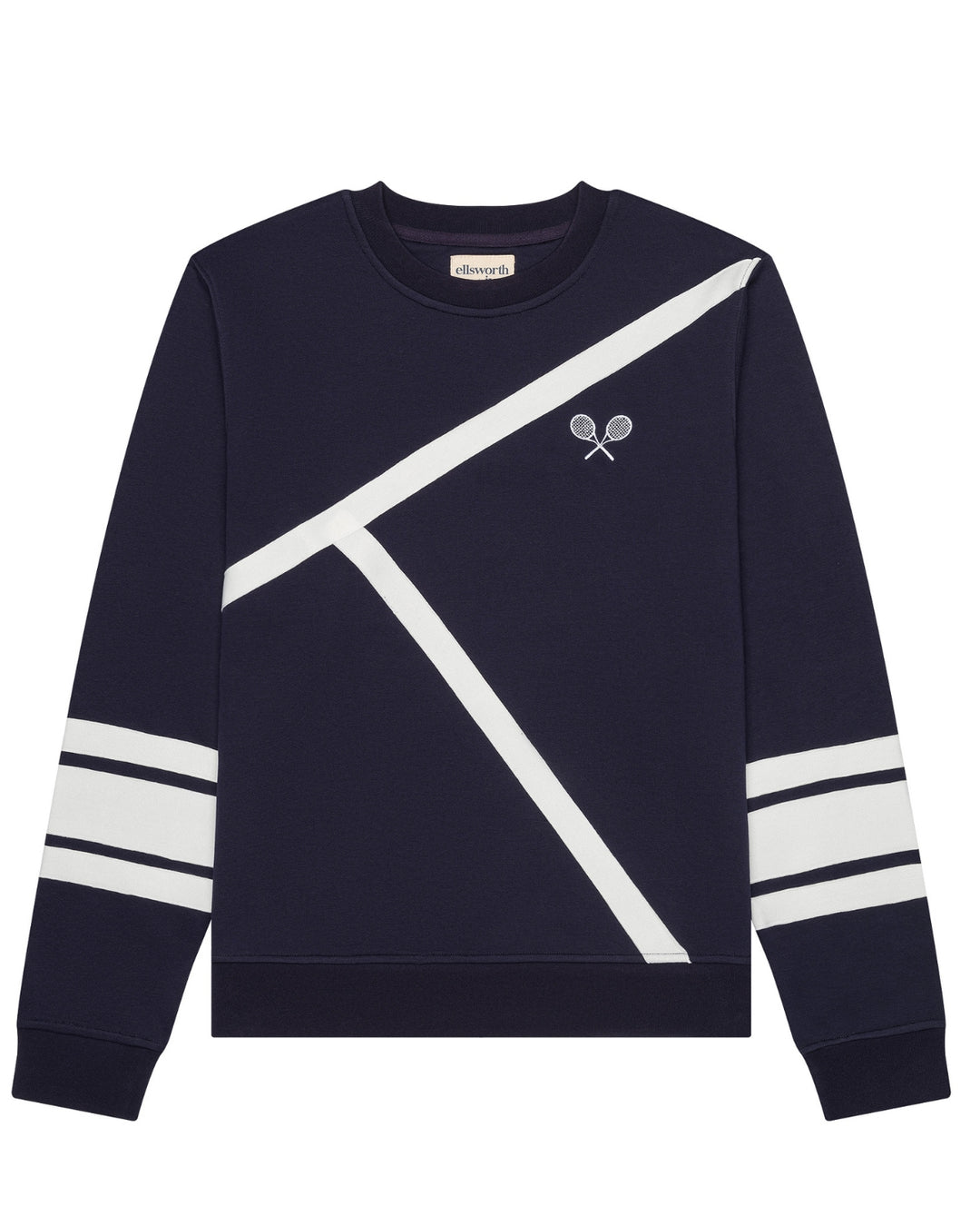 A navy blue crewneck women's sweatshirt with diagonal and intersecting white graphic stripes across the front, white double stripes on the sleeves, and a small embroidered tennis racket logo on the left chest. Elle Sweatshirt - Tennis Lines in Navy by Ellsworth + Ivey.