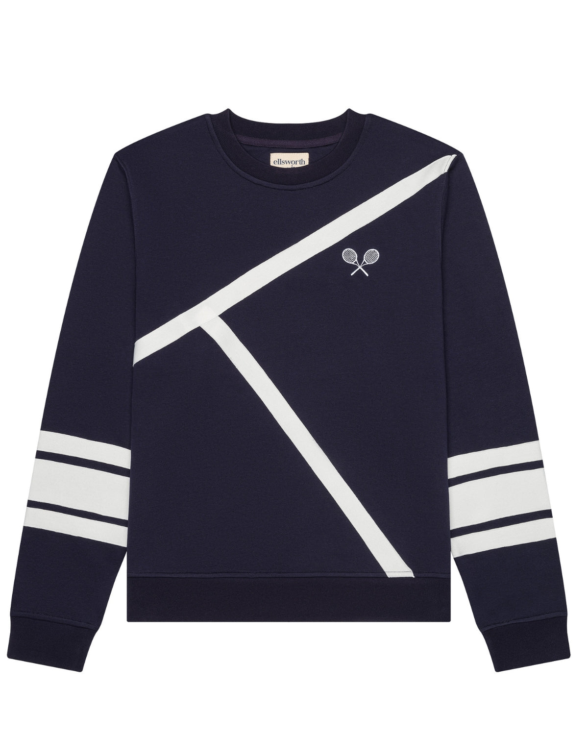 A navy blue crewneck women's sweatshirt with diagonal and intersecting white graphic stripes across the front, white double stripes on the sleeves, and a small embroidered tennis racket logo on the left chest. Elle Sweatshirt - Tennis Lines in Navy by Ellsworth + Ivey.