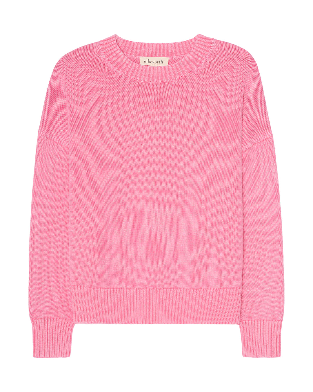 A light pink crewneck women's sweater with ribbed collar, cuffs, and hem, shown flat against a white background. Emery Crewneck Sweater in Bright Pink by Ellsworth & Ivey.