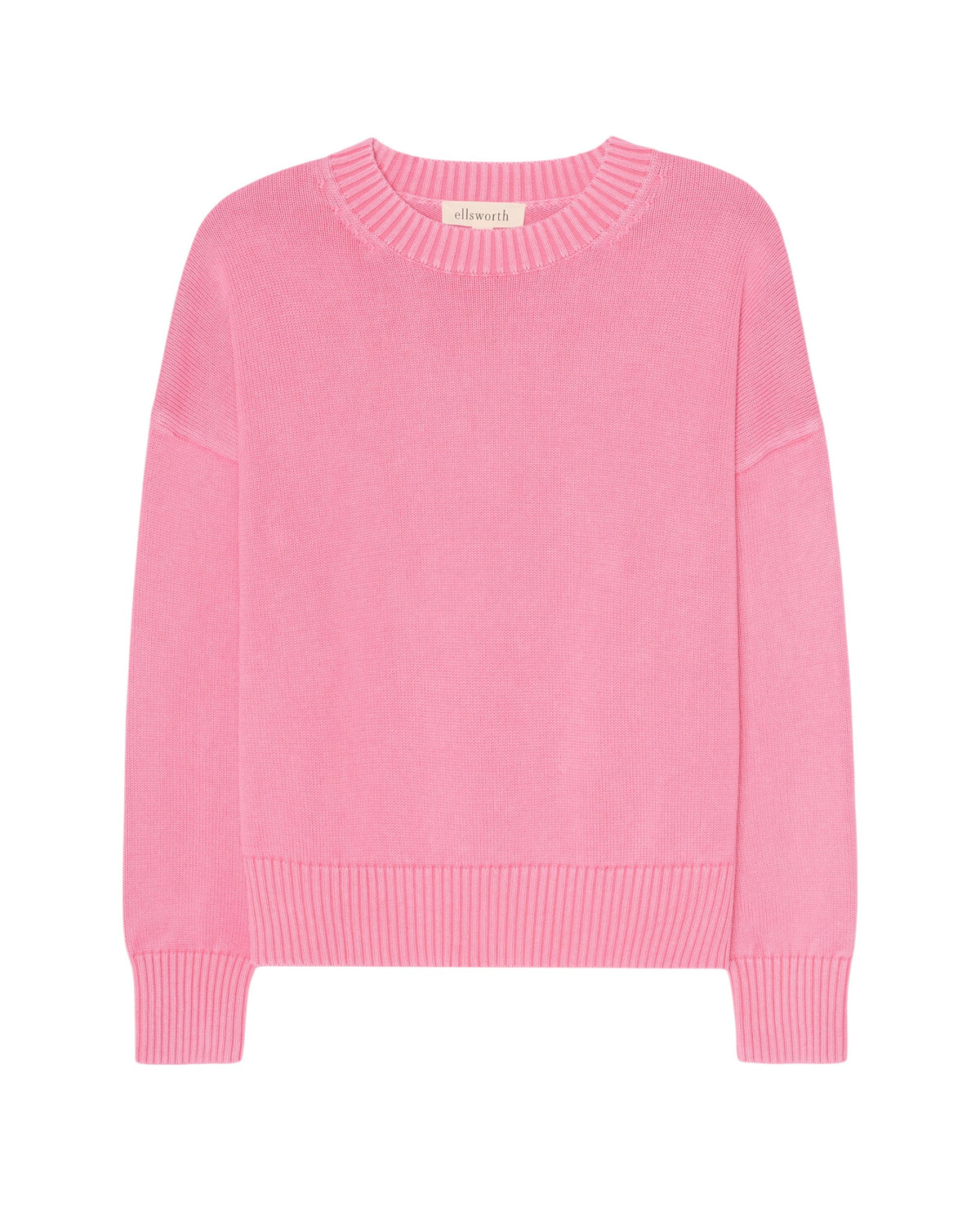 A light pink crewneck women's sweater with ribbed collar, cuffs, and hem, shown flat against a white background. Emery Crewneck Sweater in Bright Pink by Ellsworth & Ivey.