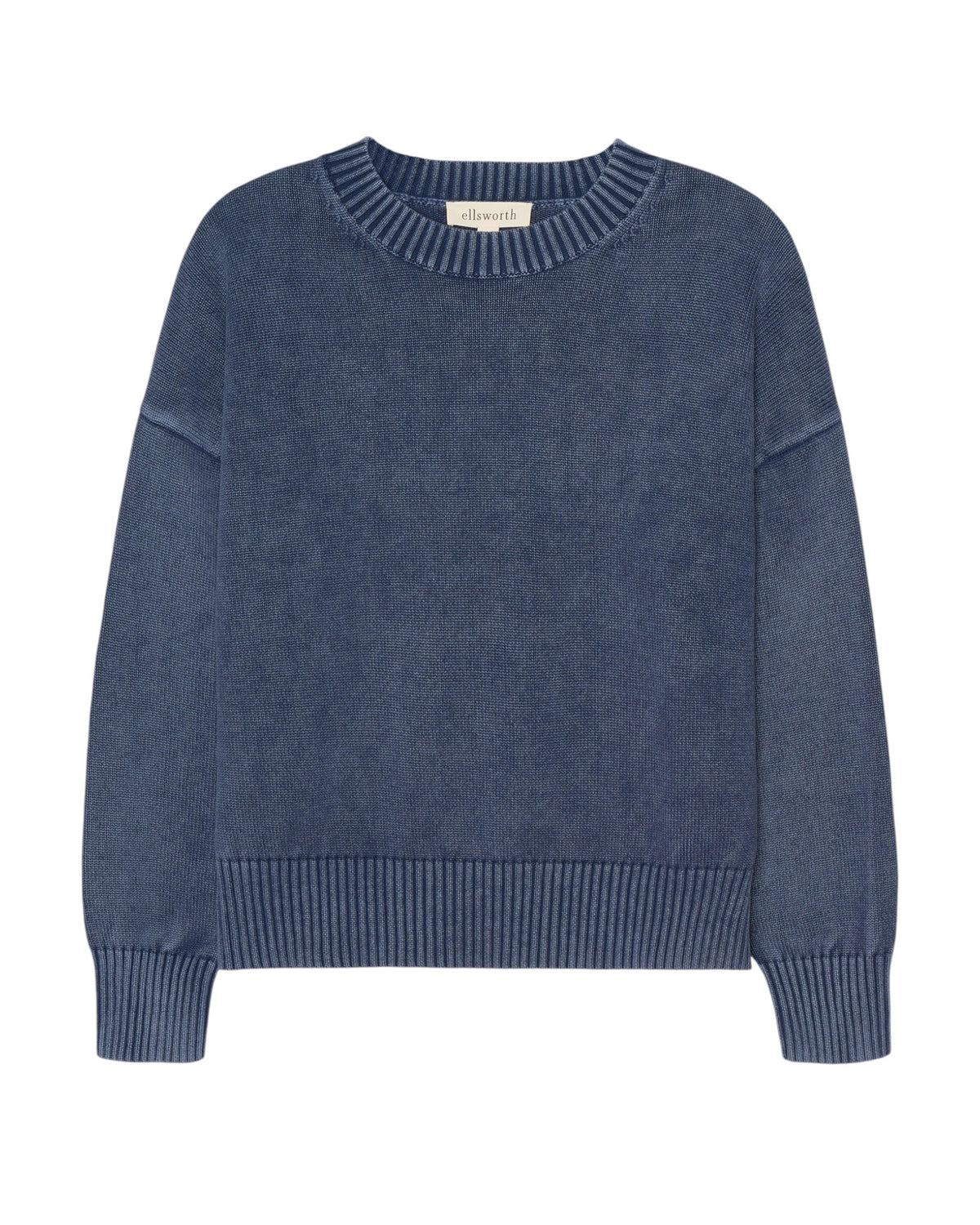An acid wash dark navy blue knit women's crewneck sweater with ribbed trim on the collar, cuffs, and hem, displayed flat against a white background. Emery Crewneck Sweater by Ellsworth & Ivey. 