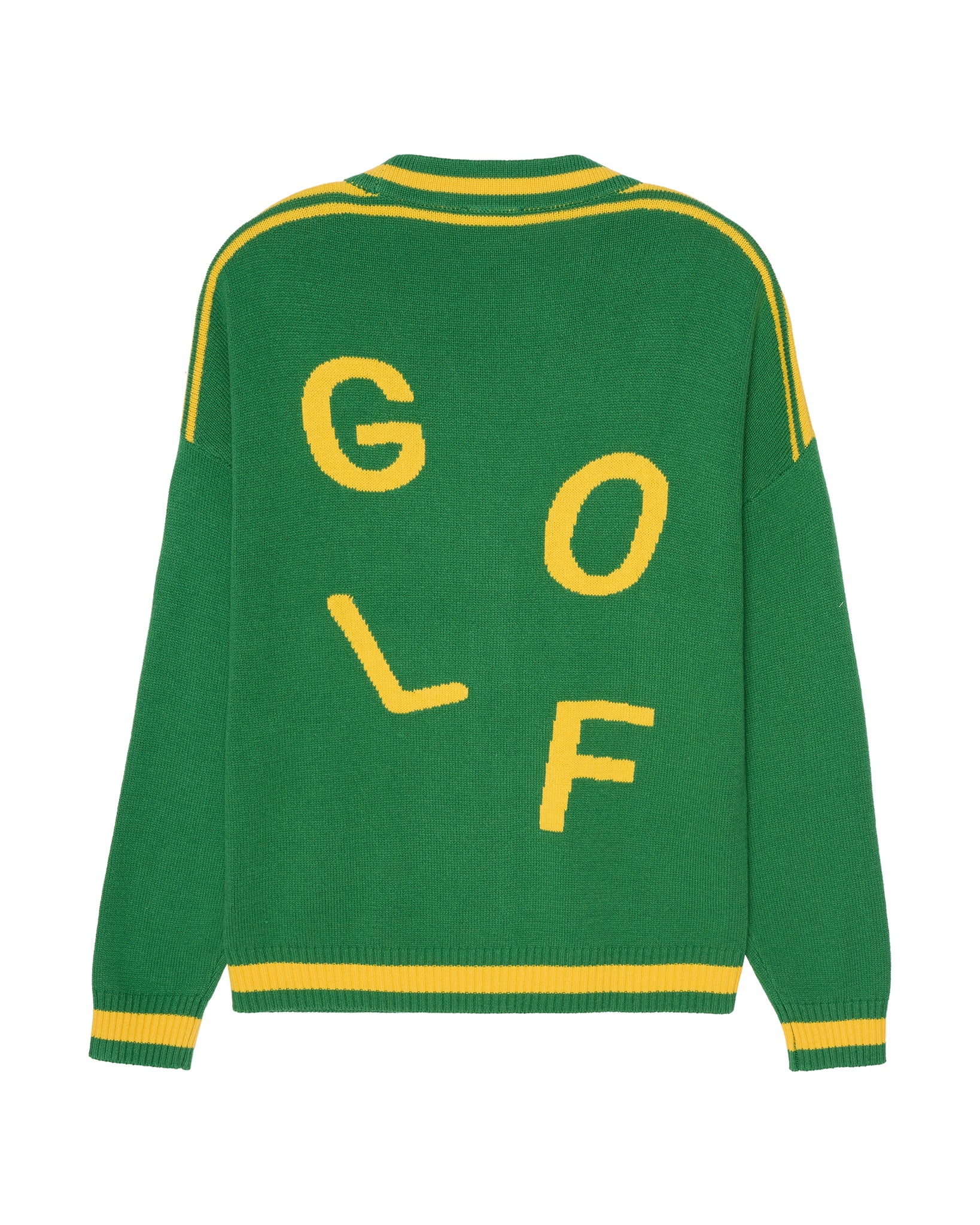 Green knit womens cardigan sweater with yellow stripes and large yellow 'GOLF' lettering on the back, shown against a plain white background. Emily Varsity Cardigan Golf in Green - by Ellsworth + Ivey.