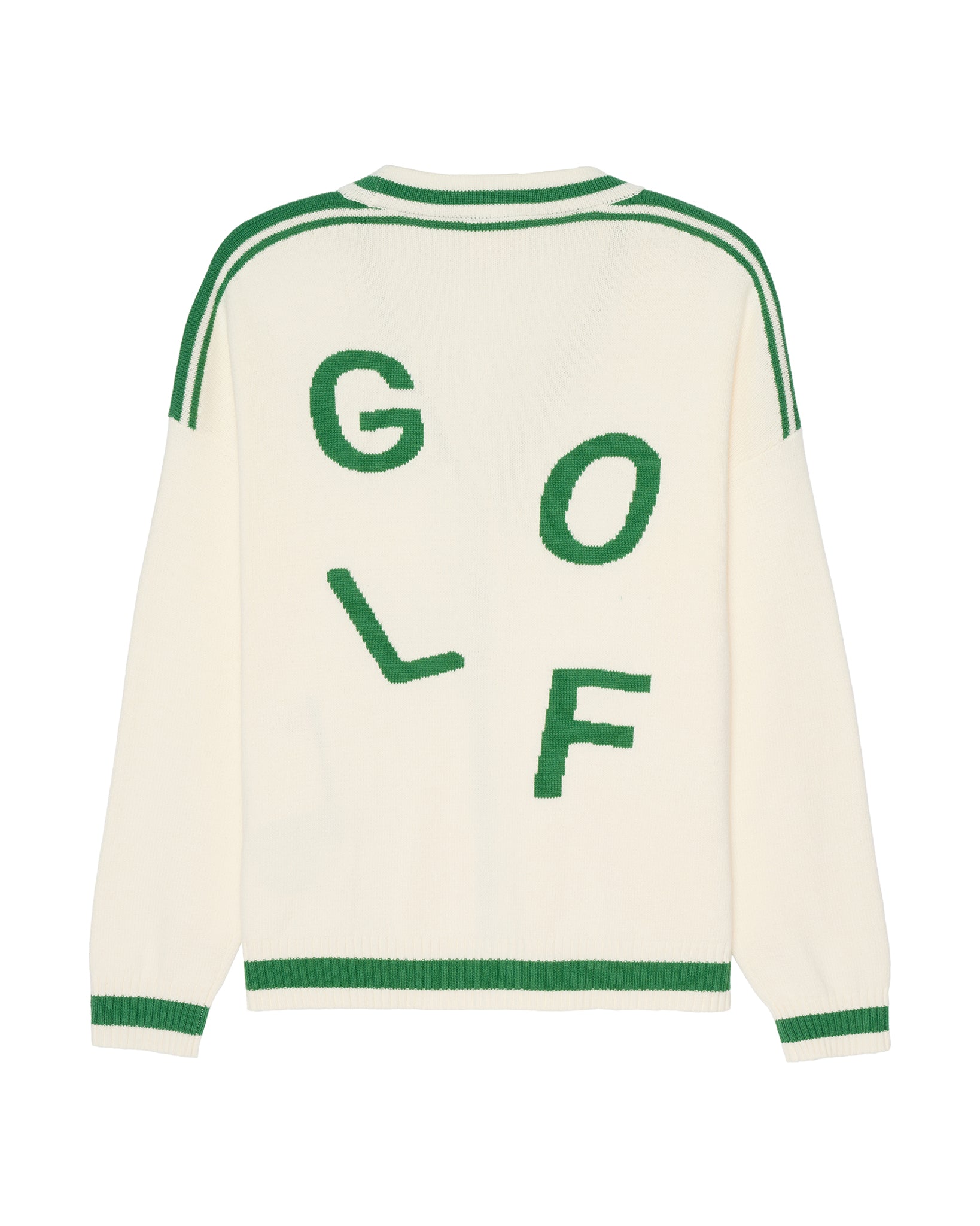 An ivory off-white knit women's cardigan sweater with green ribbed trim and large green letters spelling 'GOLF' on the back. Emily Varsity Cardigan - Golf by Ellsworth + Ivey.