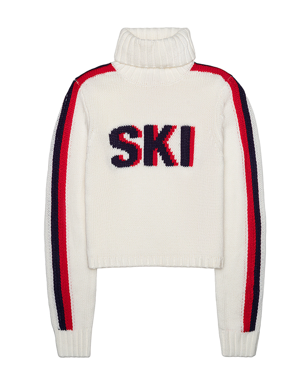 An ivory off-white knit turtleneck sweater featuring 'SKI' knitted in navy and red across the chest, with matching red and navy stripes running down the sleeves. Jade Turtleneck- Ski in Ivory by Ellsworth + Ivey.