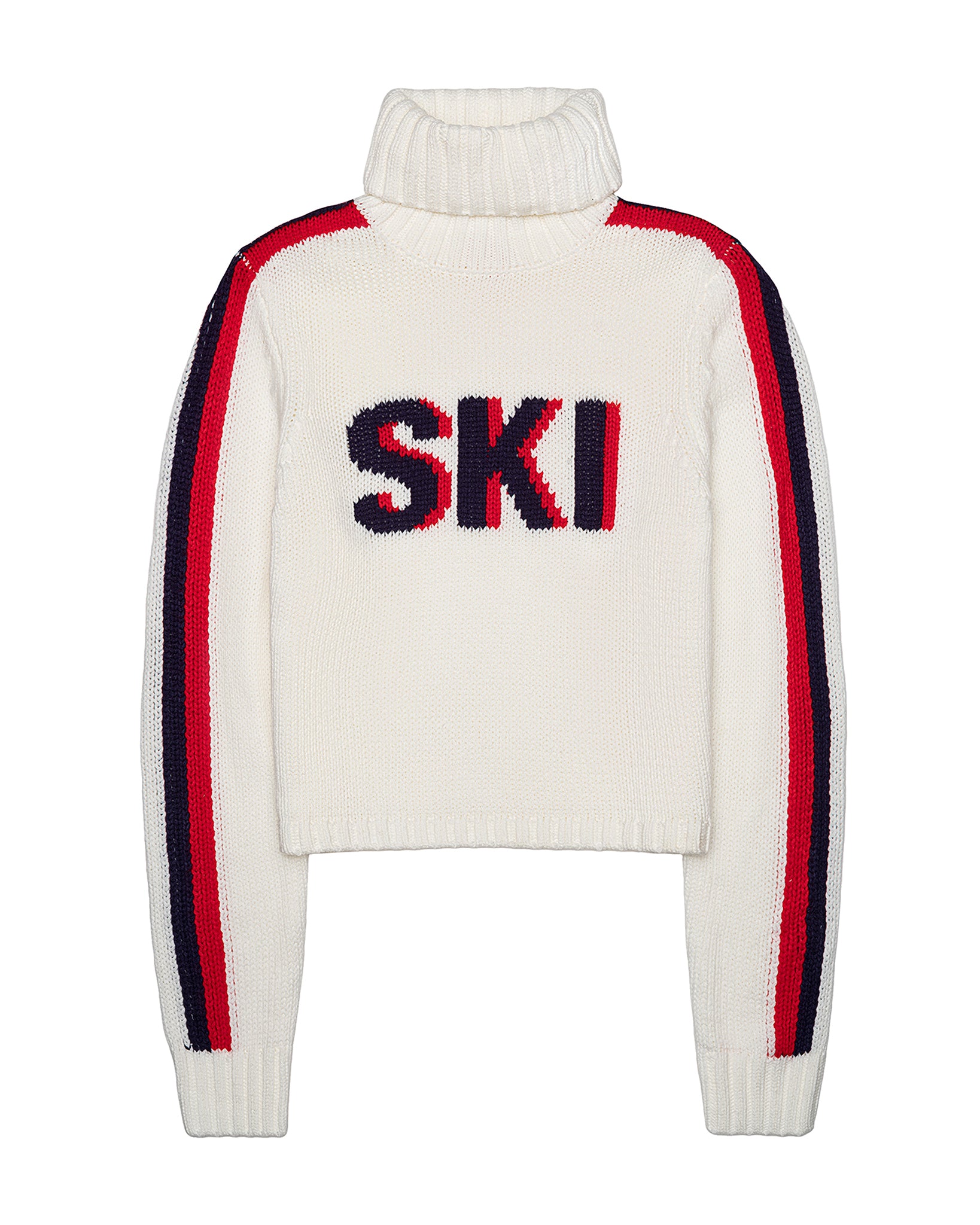 An ivory off-white knit turtleneck sweater featuring 'SKI' knitted in navy and red across the chest, with matching red and navy stripes running down the sleeves. Jade Turtleneck- Ski in Ivory by Ellsworth + Ivey.