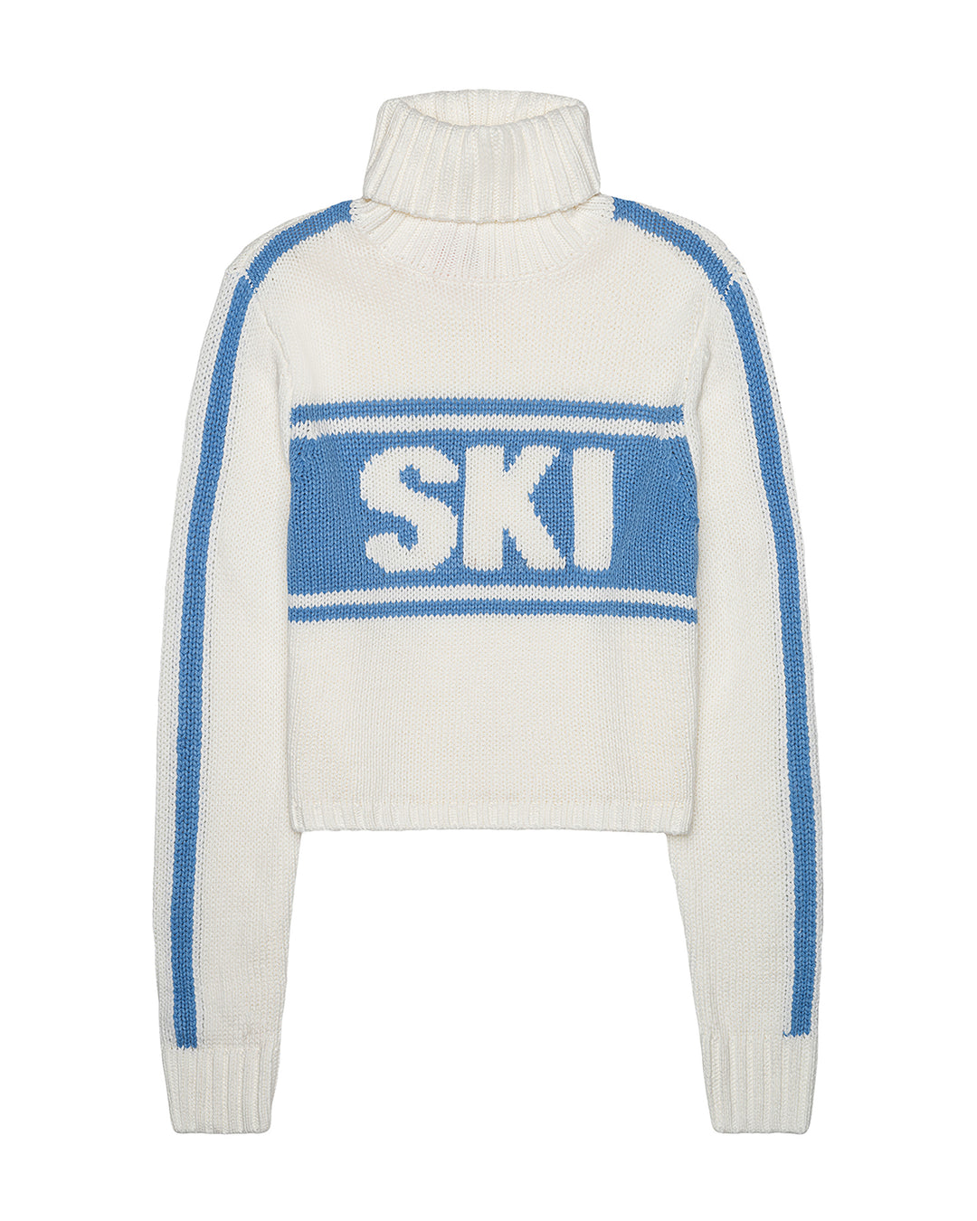 A cropped white knit turtleneck sweater with blue stripes down the sleeves and across the chest, featuring the word 'SKI' in white letters on a blue horizontal band. Jade Turtleneck- Ski in Ivory Cornflower by Ellsworth + Ivey.