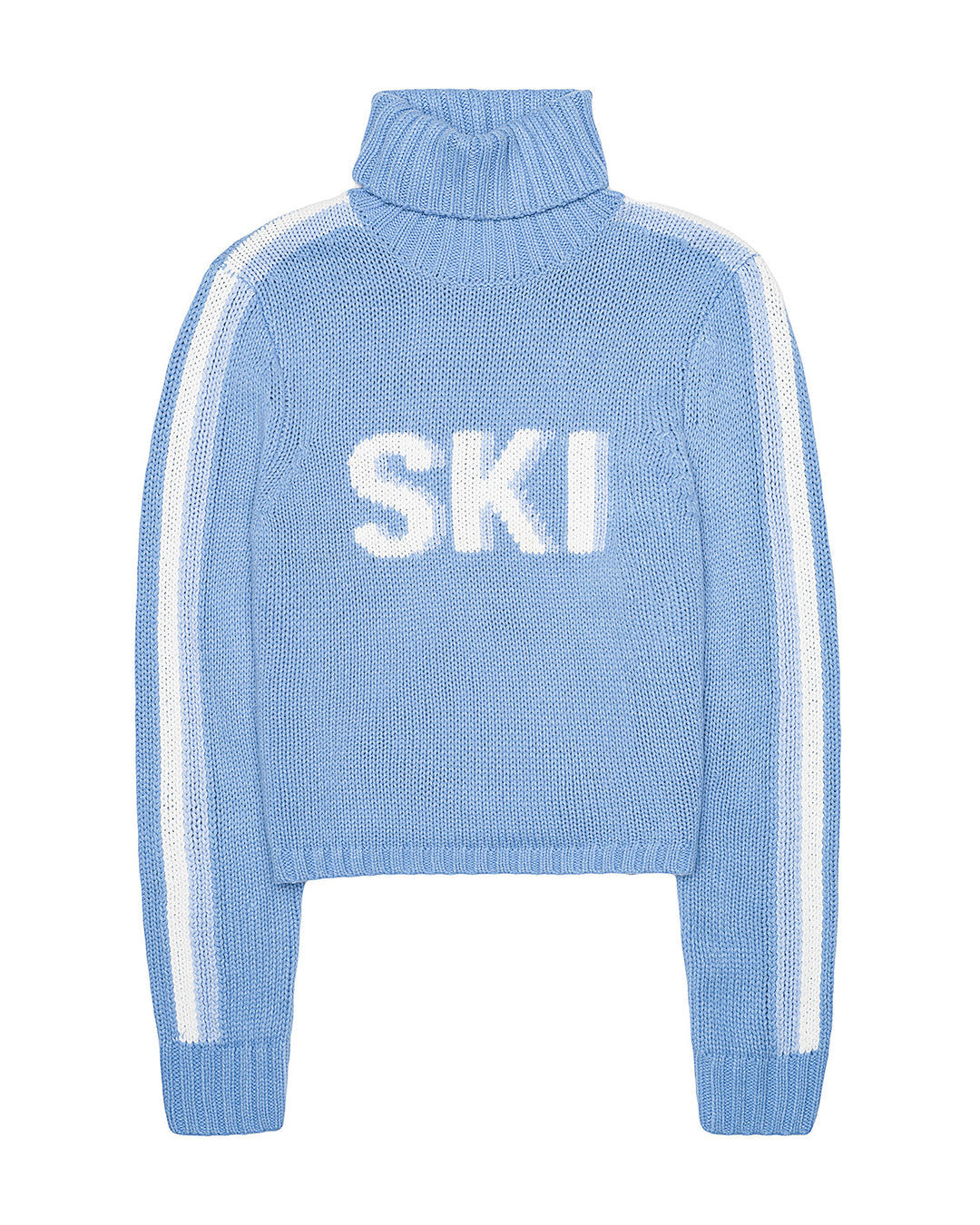 A light blue knit turtleneck sweater with white stripes down the sleeves and the word 'SKI' knitted in white across the chest, shown on a plain white background. Jade Turtleneck- Ski in Light Blue by Ellsworth + Ivey.