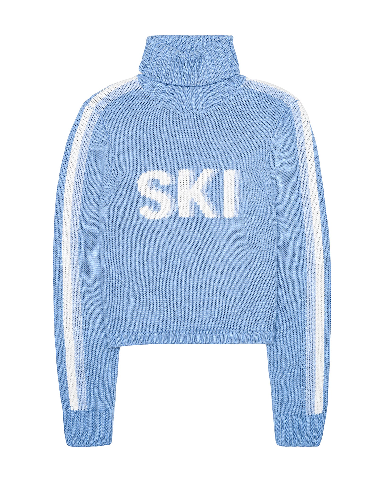 A light blue knit turtleneck sweater with white stripes down the sleeves and the word 'SKI' knitted in white across the chest, shown on a plain white background. Jade Turtleneck- Ski in Light Blue by Ellsworth + Ivey.