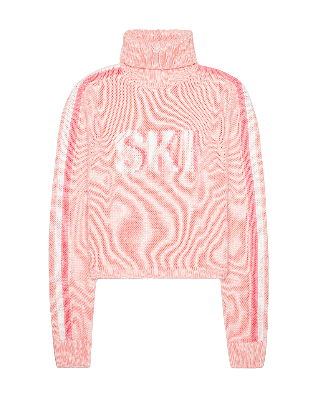 A light pink knit turtleneck sweater with white stripes down the sleeves and the word 'SKI' knitted in white across the chest, shown on a plain white background. Jade Turtleneck- Ski in Pink by Ellsworth + Ivey.