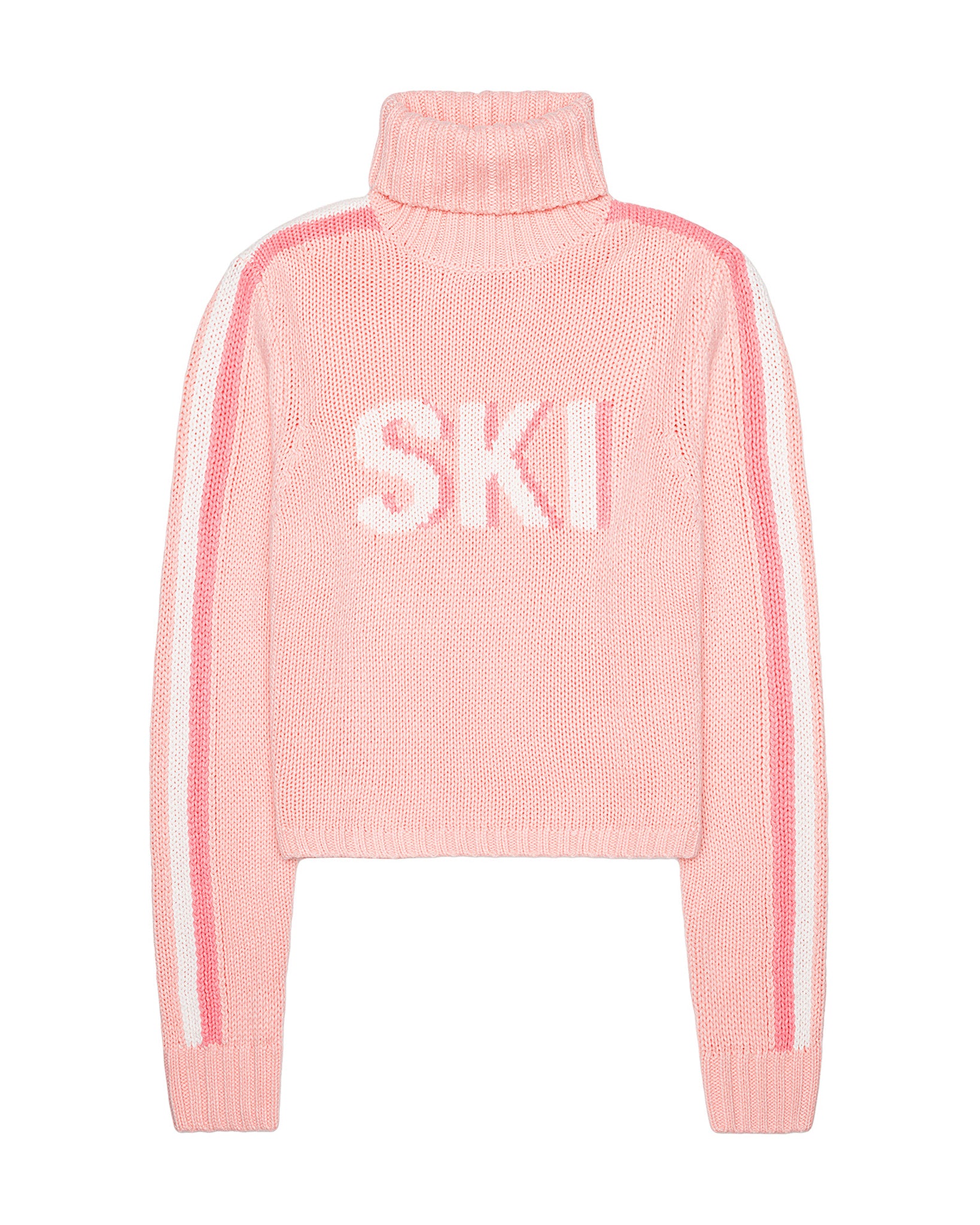 A light pink knit turtleneck sweater with white stripes down the sleeves and the word 'SKI' knitted in white across the chest, shown on a plain white background. Jade Turtleneck- Ski in Pink by Ellsworth + Ivey.