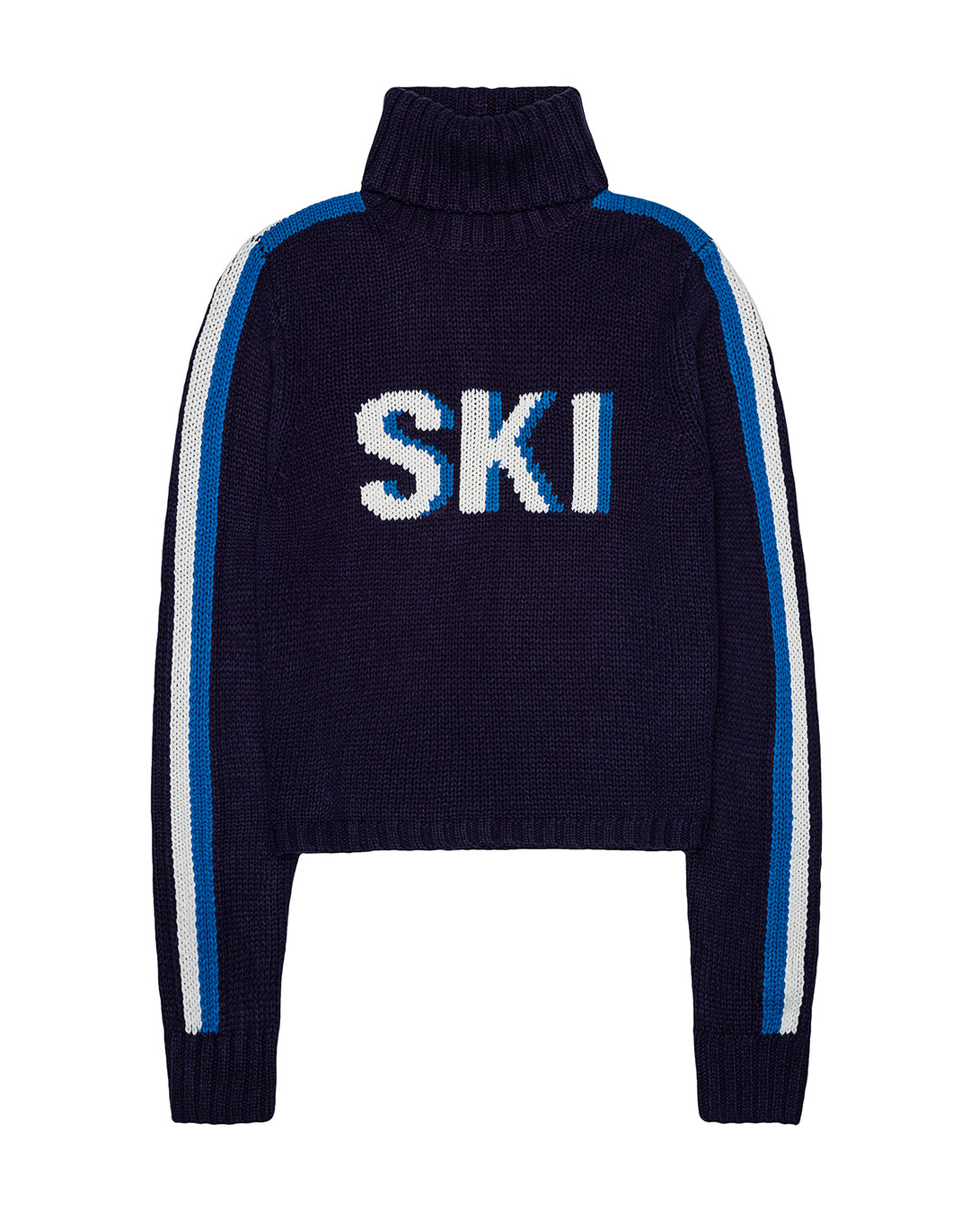 A navy blue knit turtleneck sweater with 'SKI' knitted in white and light blue across the chest, featuring white and light blue stripes down the sleeves, shown on a plain white background. Jade Turtleneck- Ski in Navy by Ellsworth + Ivey.