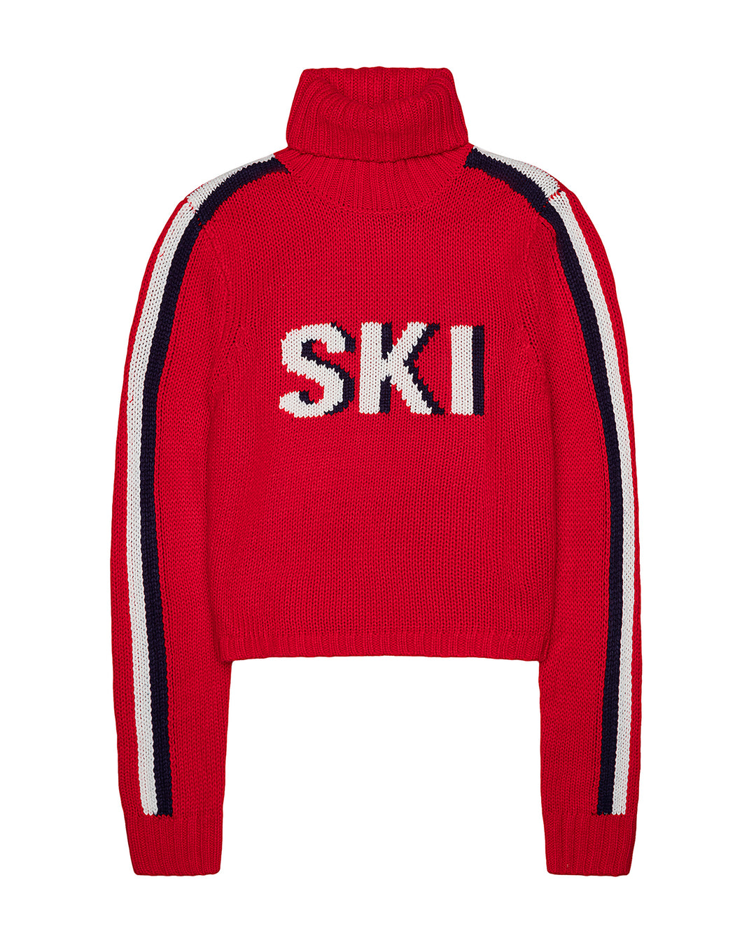 A red cropped knit turtleneck sweater with 'SKI' knitted across the chest in white and navy, and white and navy stripes running down the sleeves, shown on a plain white background. Jade Turtleneck- Ski in Red by Ellsworth + Ivey.