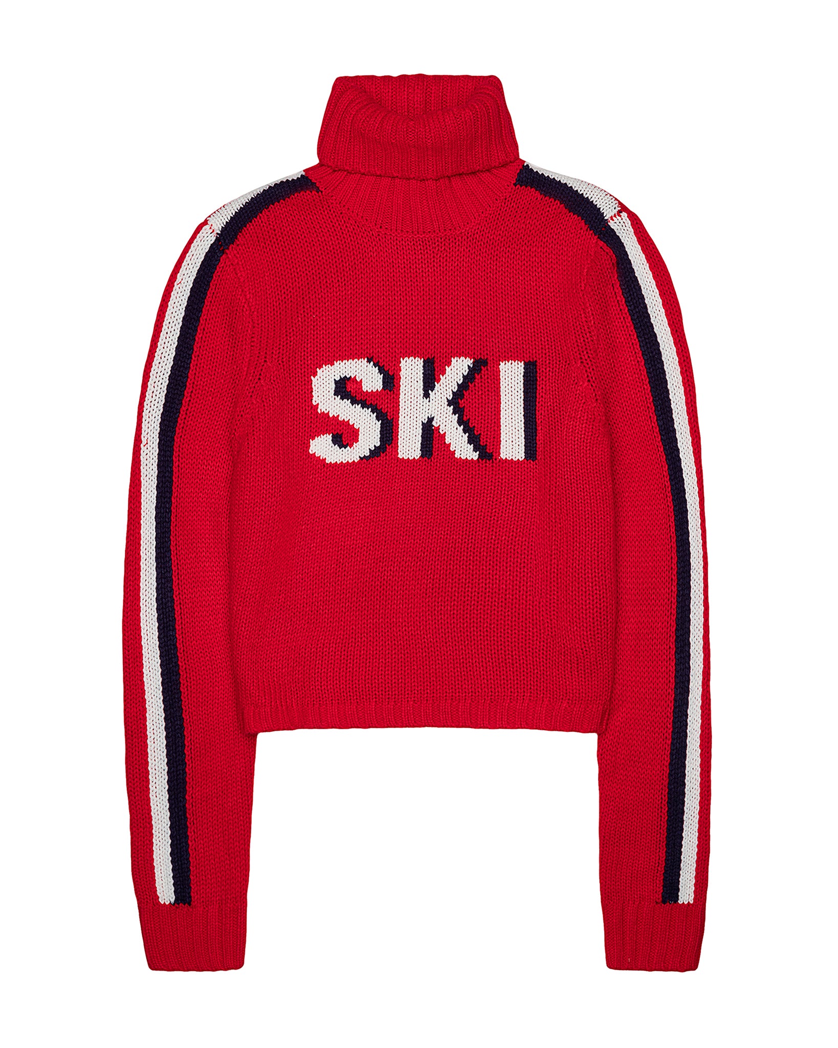 A red cropped knit turtleneck sweater with 'SKI' knitted across the chest in white and navy, and white and navy stripes running down the sleeves, shown on a plain white background. Jade Turtleneck- Ski in Red by Ellsworth + Ivey.