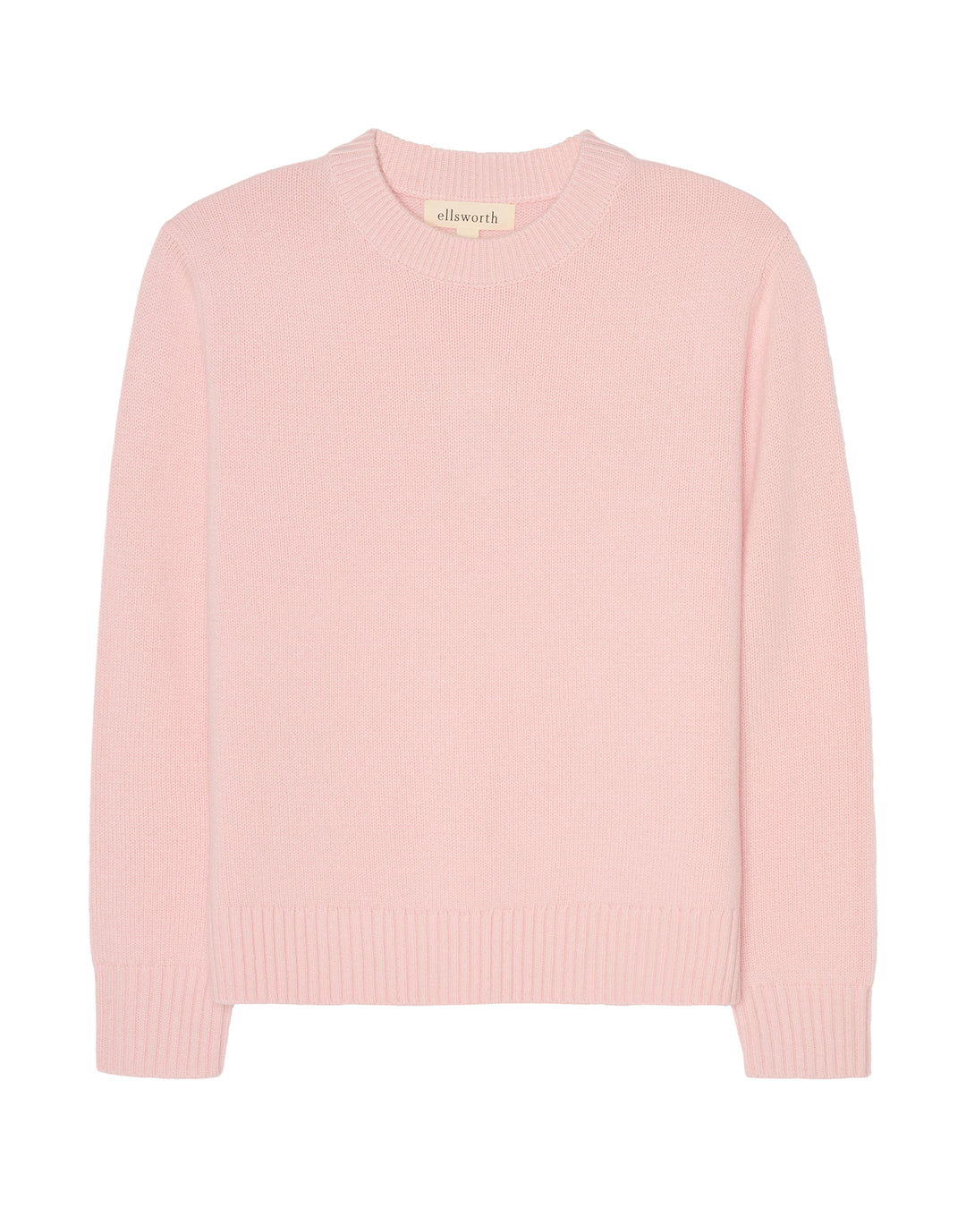 A light pink crewneck sweater with long sleeves and ribbed cuffs and hem, shown against a plain white background.
