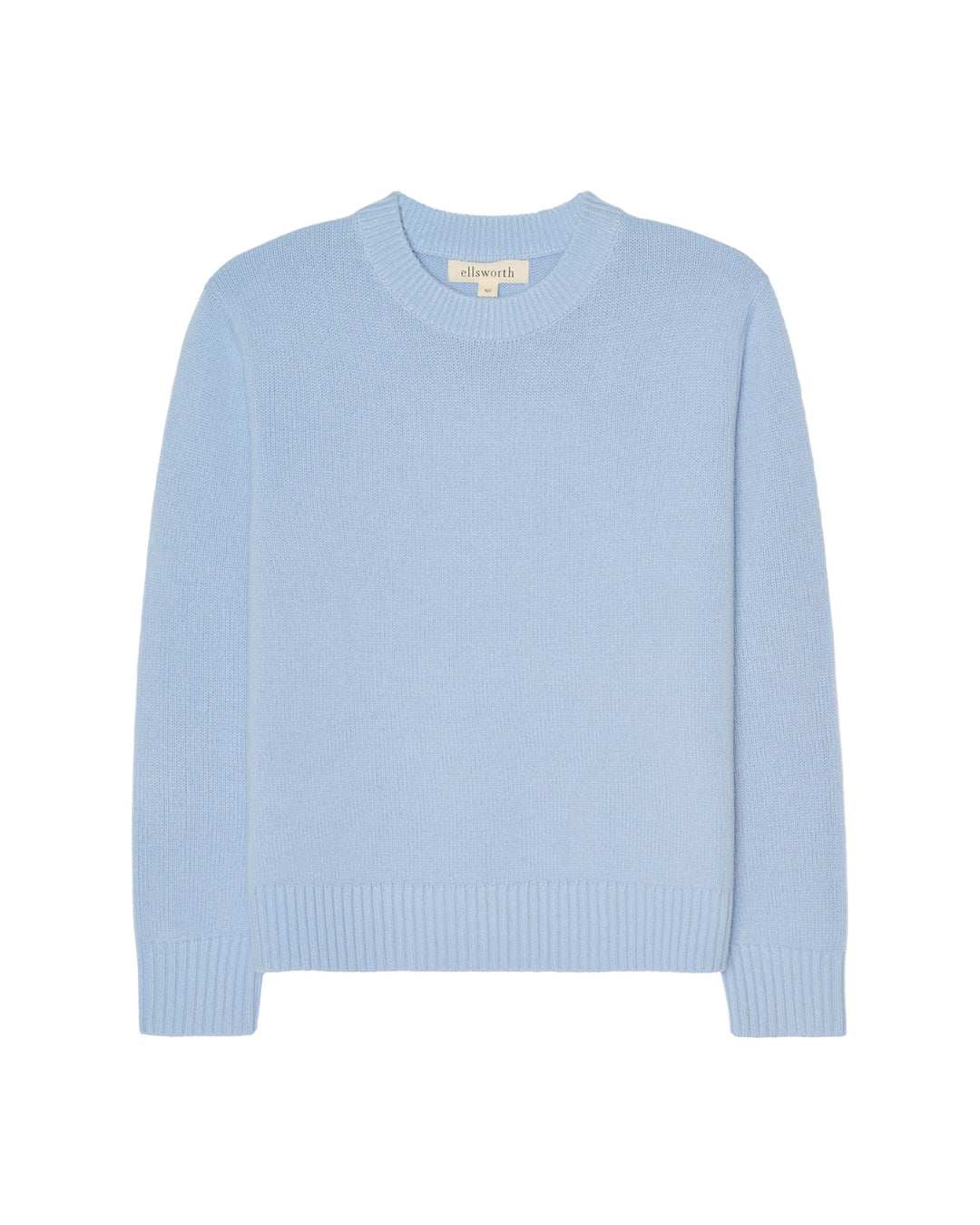 A light blue women's crewneck sweater with long sleeves and ribbed cuffs and hem, shown against a plain white background. Joey Crew in Sky Blue by Ellsworth + Ivey.
