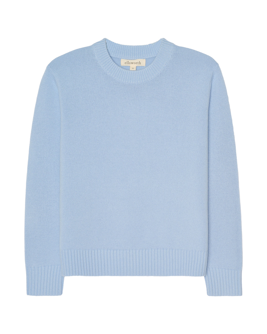 A light blue crewneck cashmere knit sweater with ribbed cuffs and hem, displayed against a white background. 