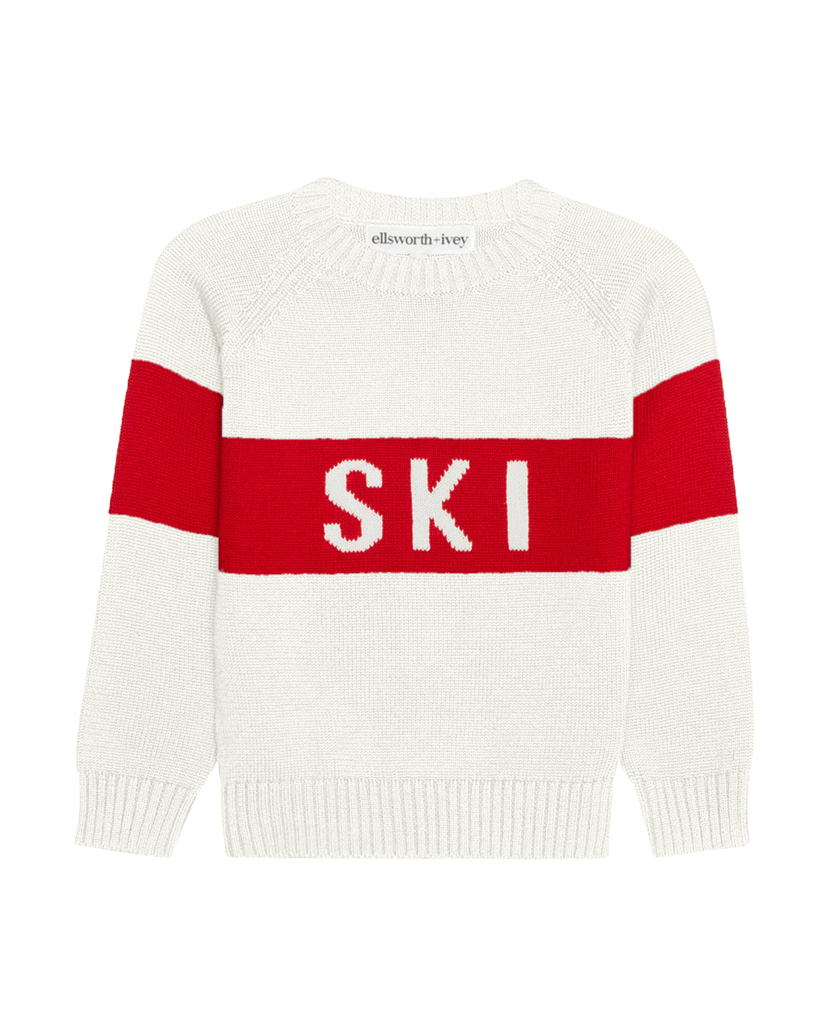 A white knit sweater with a bold red horizontal stripe across the chest and the word 'SKI' in white block letters on the stripe, shown on a plain white background. Kids Classic Crew - Block Ski in Ivory by Ellsworth + Ivey.