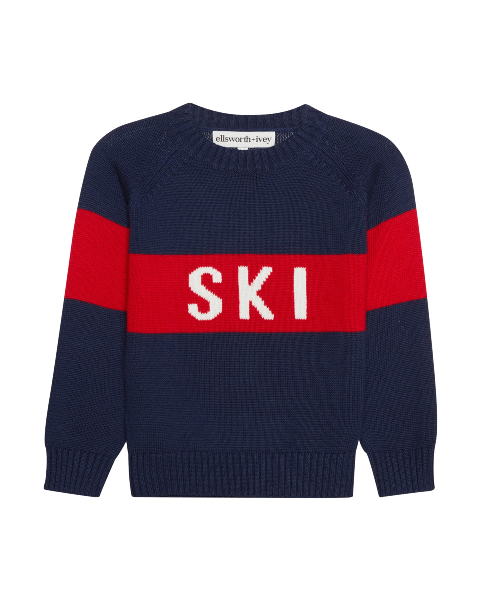 Navy and red sweater with 'SKI' print on a white background. Kids Classic Crew - Block Ski in Navy by Ellsworth + Ivey.