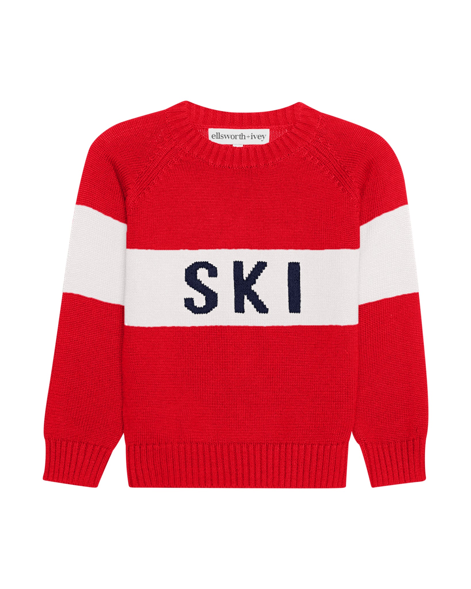 A red knit sweater with a wide cream horizontal stripe across the chest and the word 'SKI' in navy lettering, shown on a plain white background. Kids Classic Crew - Block Ski in Red by Ellsworth + Ivey.