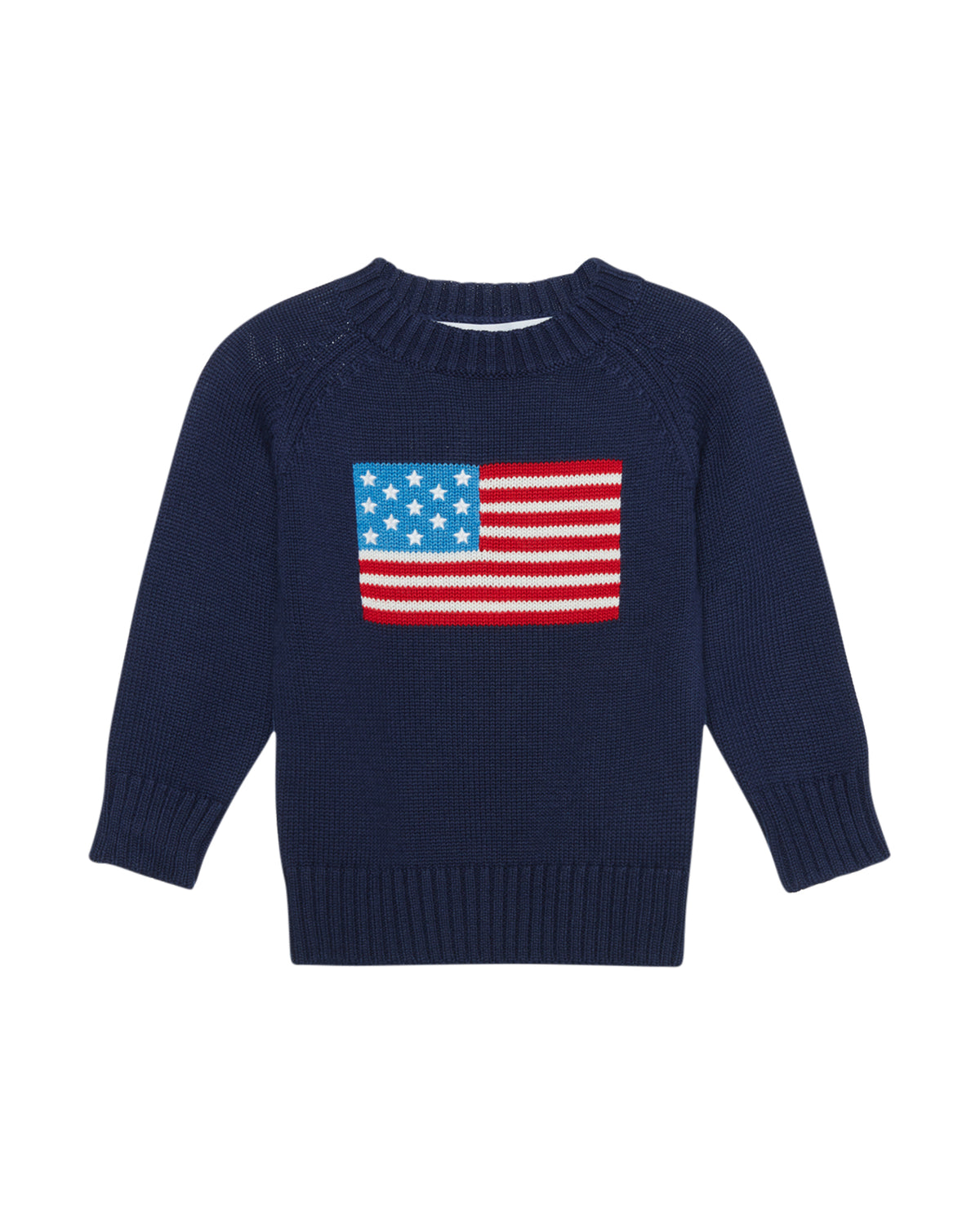 An navy blue knit sweater with a knitted American flag graphic on the chest, featuring a blue field with white stars and red and white stripes. Kids Classic Crew- Amrerican Flag in Navy by Ellsworth + Ivey.