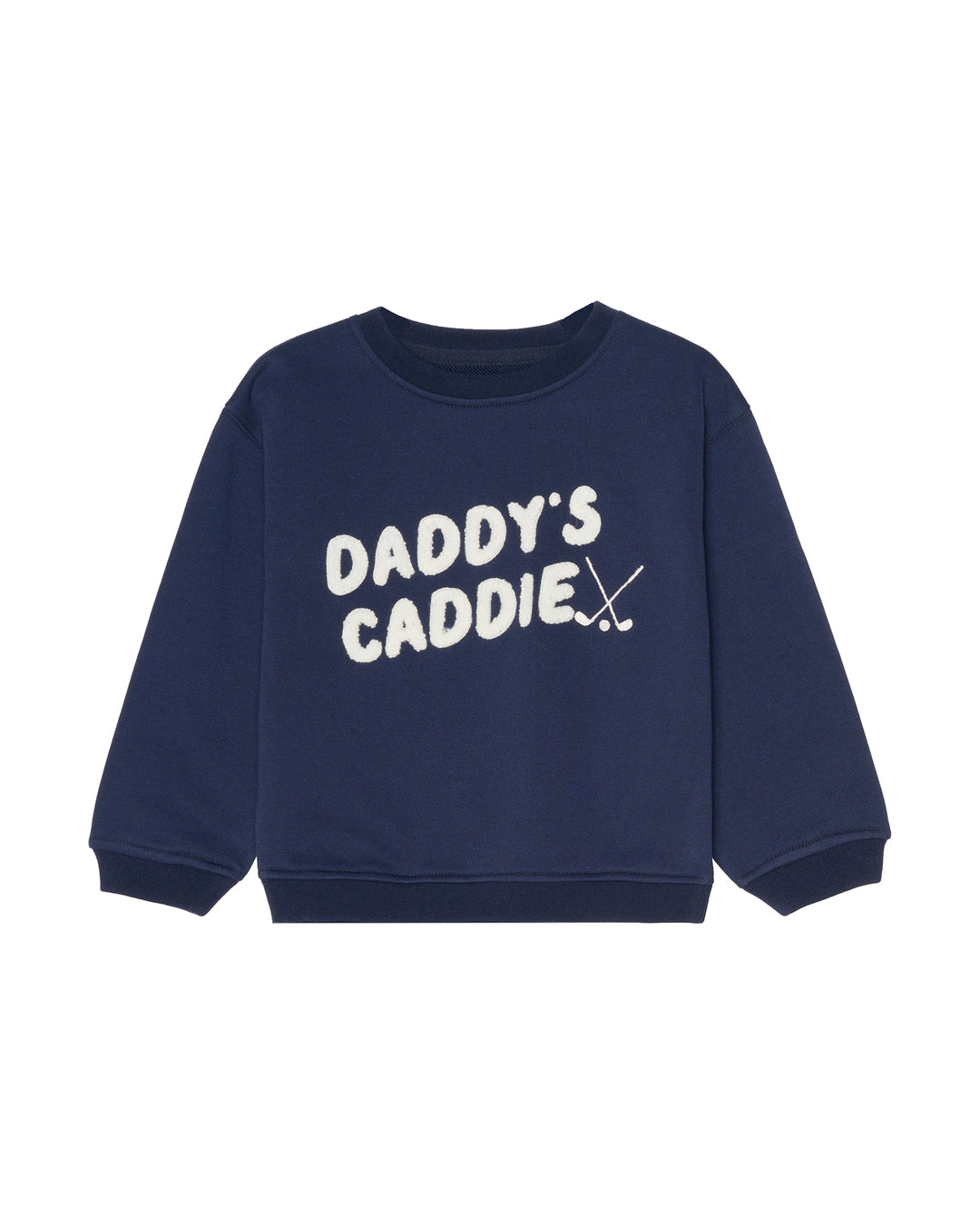 A navy blue crewneck kids sweatshirt with 'DADDY'S CADDIE.' printed in white across the chest, accompanied by a small crossed-golf club graphic, shown on a plain white background. Kids Alex Crew - Daddy's Caddie