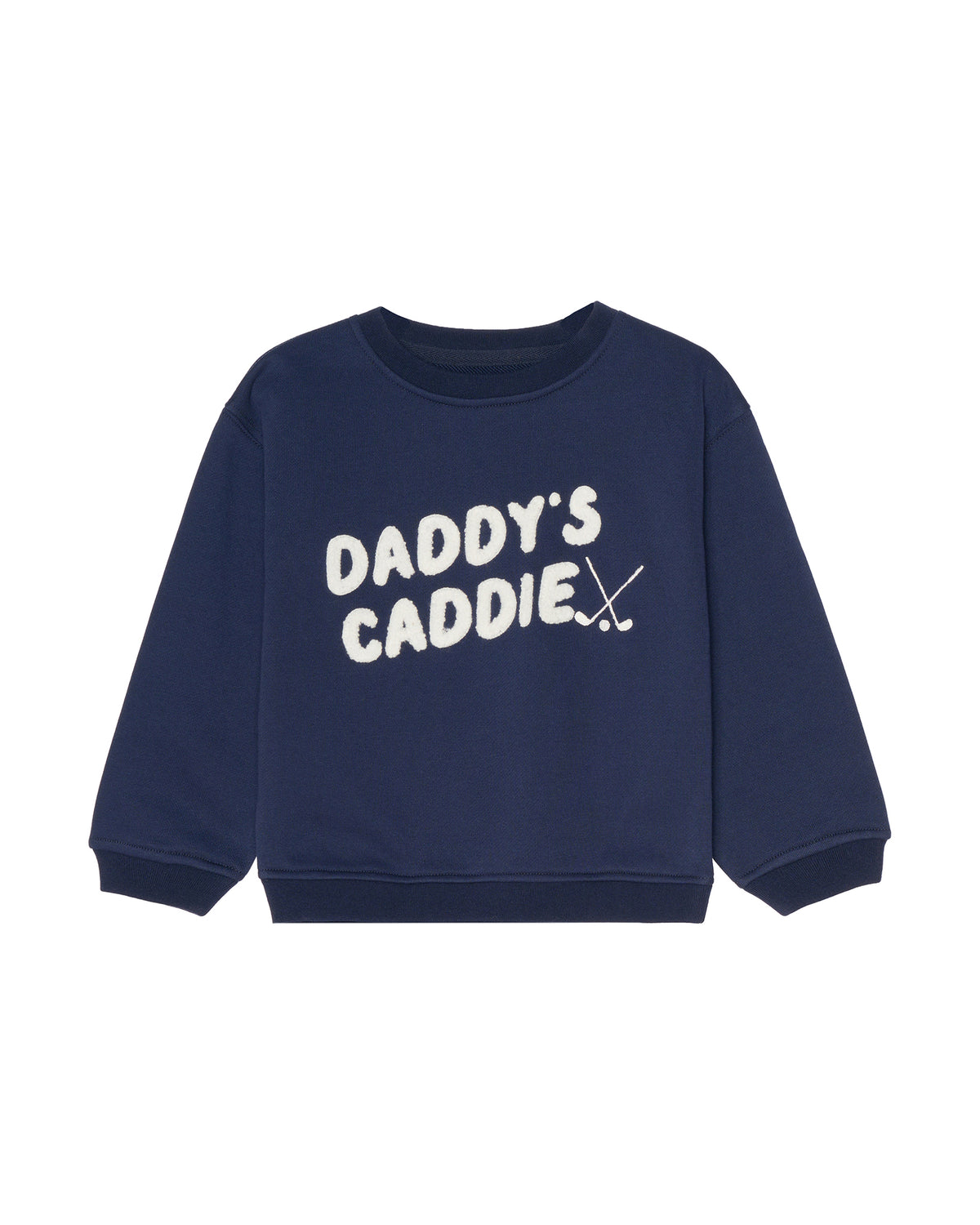 A navy blue crewneck kids sweatshirt with 'DADDY'S CADDIE.' printed in white across the chest, accompanied by a small crossed-golf club graphic, shown on a plain white background. Kids Alex Crew - Daddy's Caddie