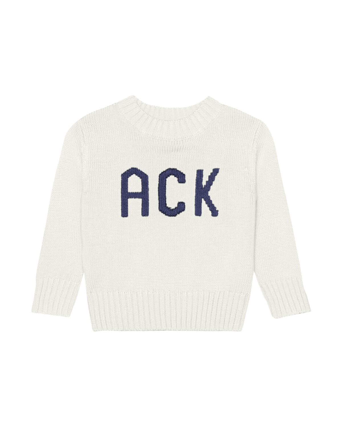An off-white ivory children's knit sweater with the letters 'ACK' knitted in navy blue across the chest, displayed on a solid white background. Kids Nantucket ACK Sweater in Ivory by Ellsworth + Ivey.