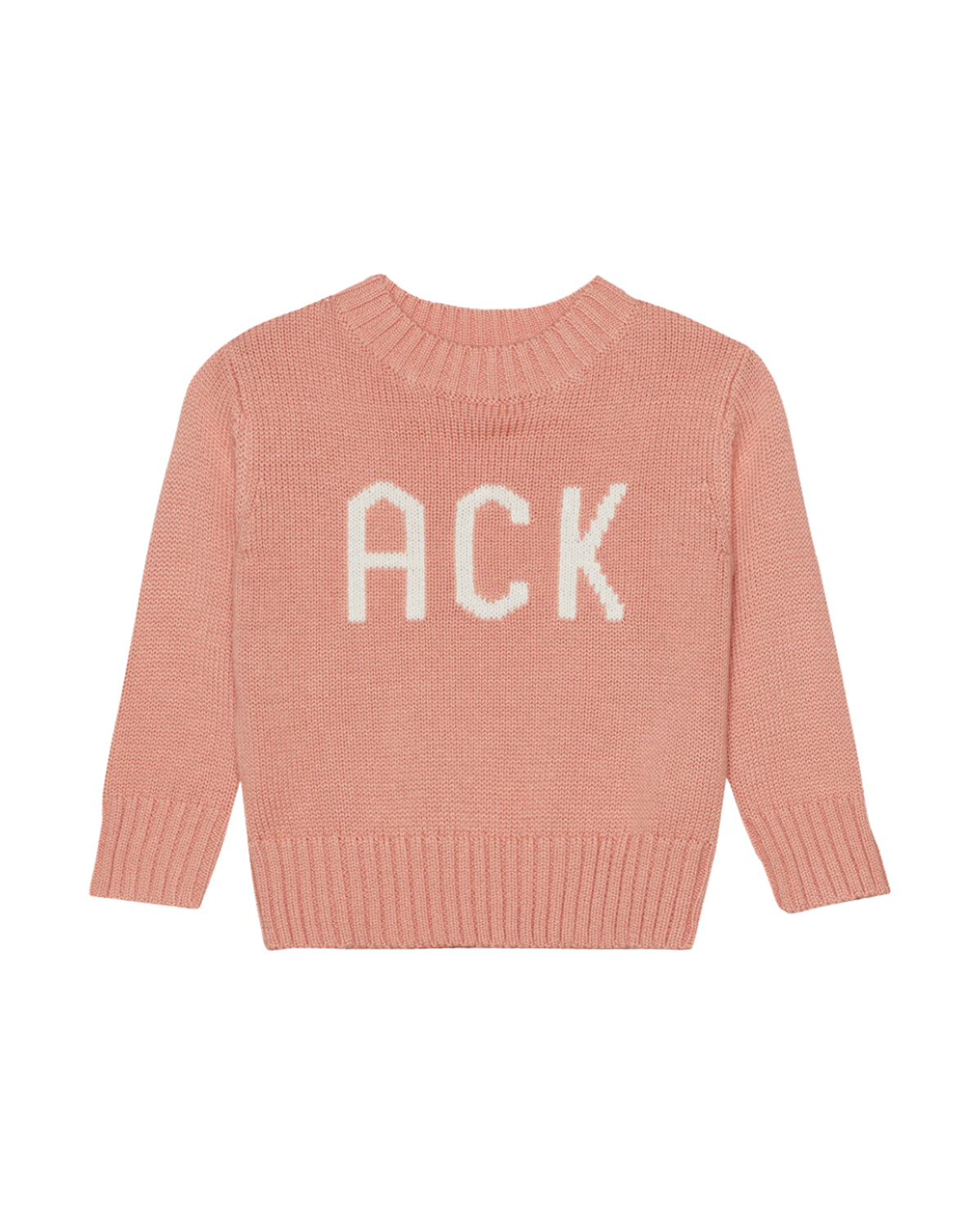 An pink peach salmon children's knit sweater with the letters 'ACK' knitted in white ivory across the chest, displayed on a solid white background. Kids Nantucket ACK Sweater in Salmon by Ellsworth + Ivey.