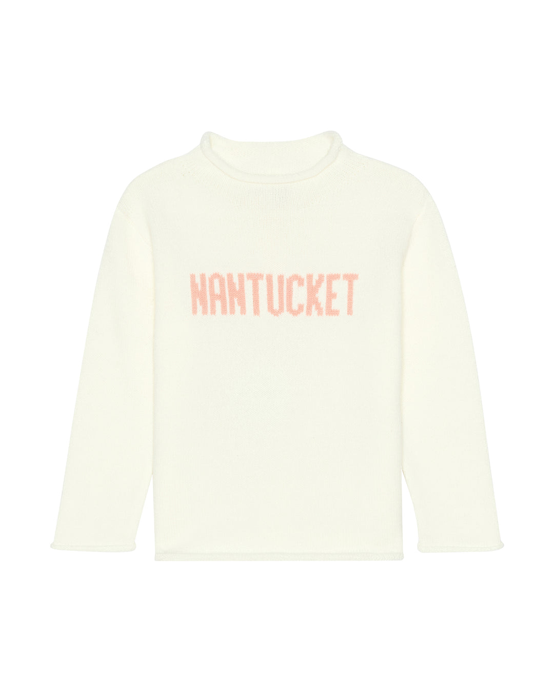 An ivory off-white long-sleeve kids turtleneck sweater top with the word &