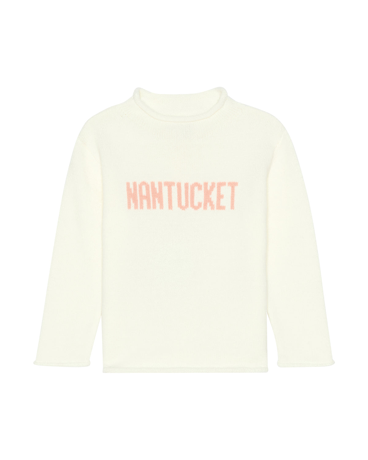 An ivory off-white long-sleeve kids turtleneck sweater top with the word 'NANTUCKET' printed in a dusty pink tone across the chest, displayed on a clean white background.